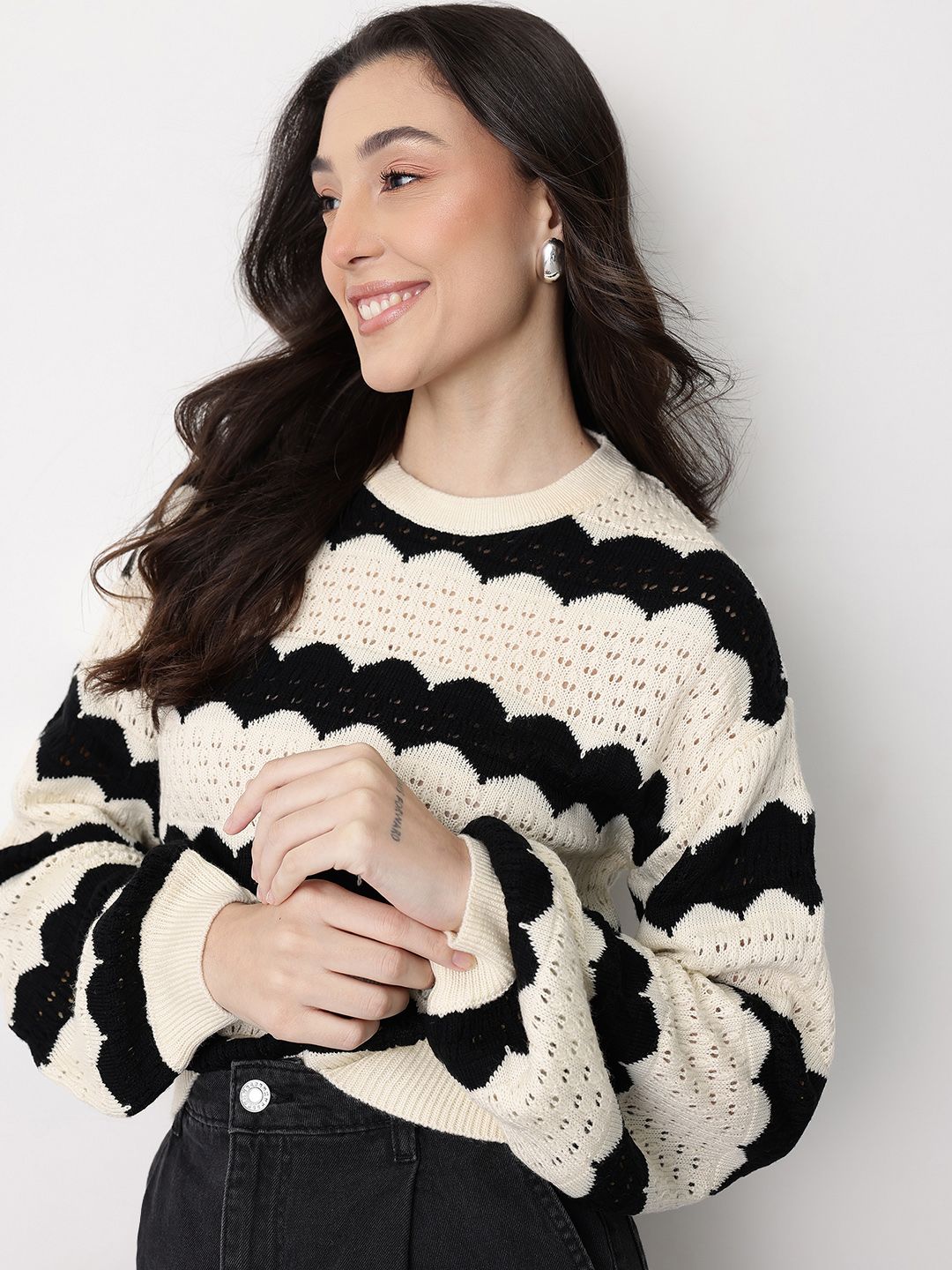 Mast & Harbour Striped Round Neck Open Knit Pullover Myntra sale