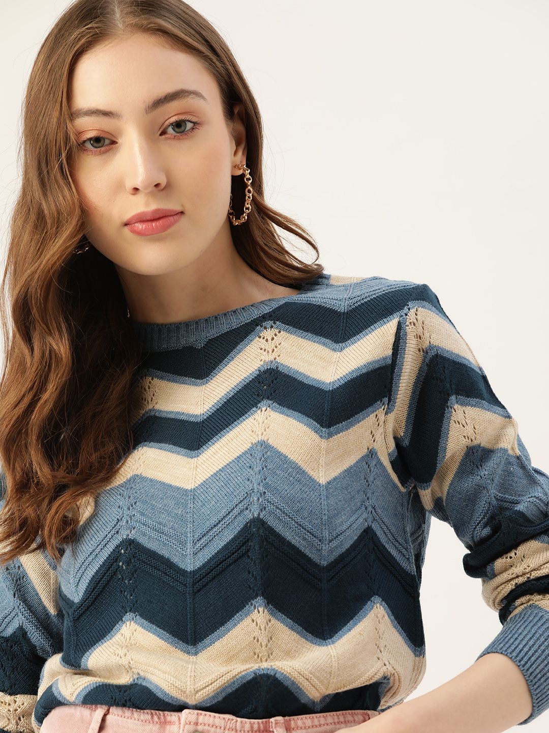 DressBerry Women Navy Blue & Beige Chevron Pullover Sweater Myntra sale