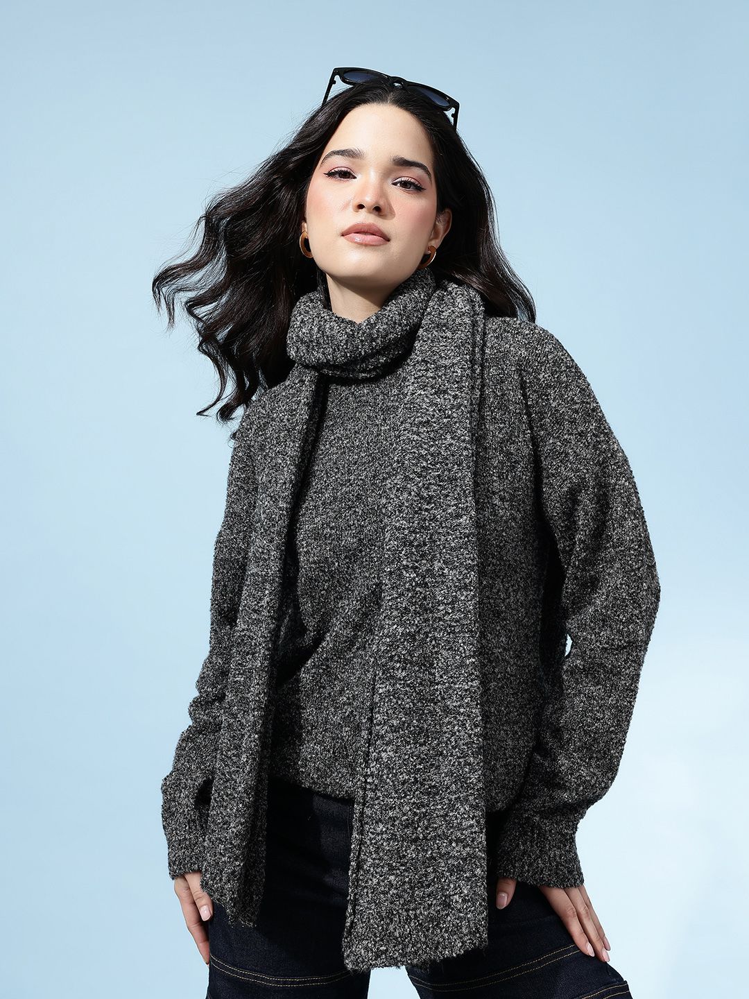 glitchez Round Neck Speckled Pullover With Scarf Myntra sale