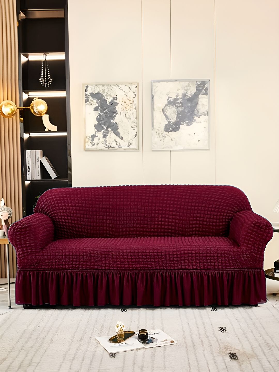 Aura Non Slip Stretchable Bubble Polyester Straight 3 Seater Sofa Cover-33x71x33In Myntra sale