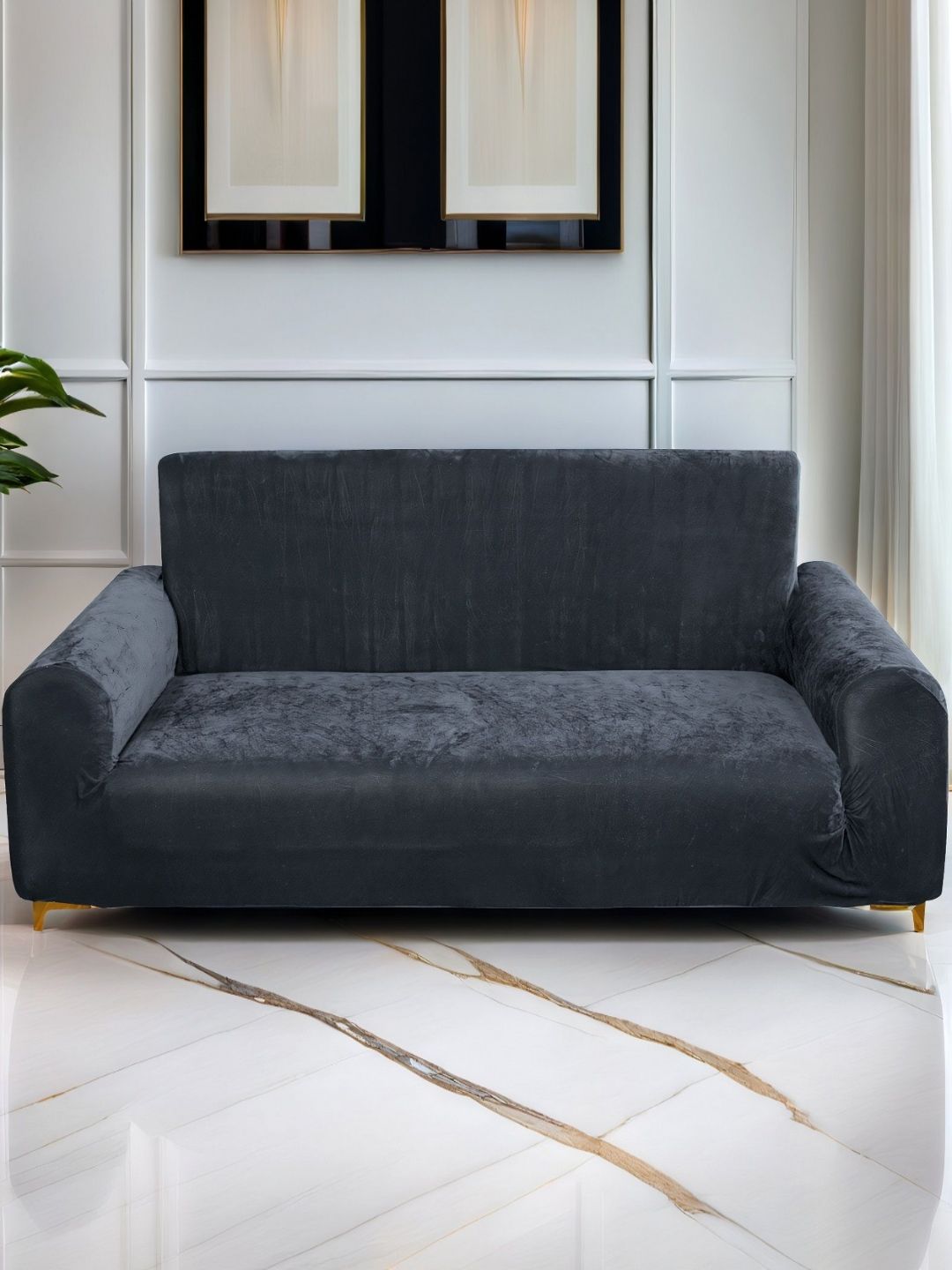 DECOR VATIKA Grey Solid Velvet Washable Straight 3 Seater Sofa Cover-57x73In Myntra sale