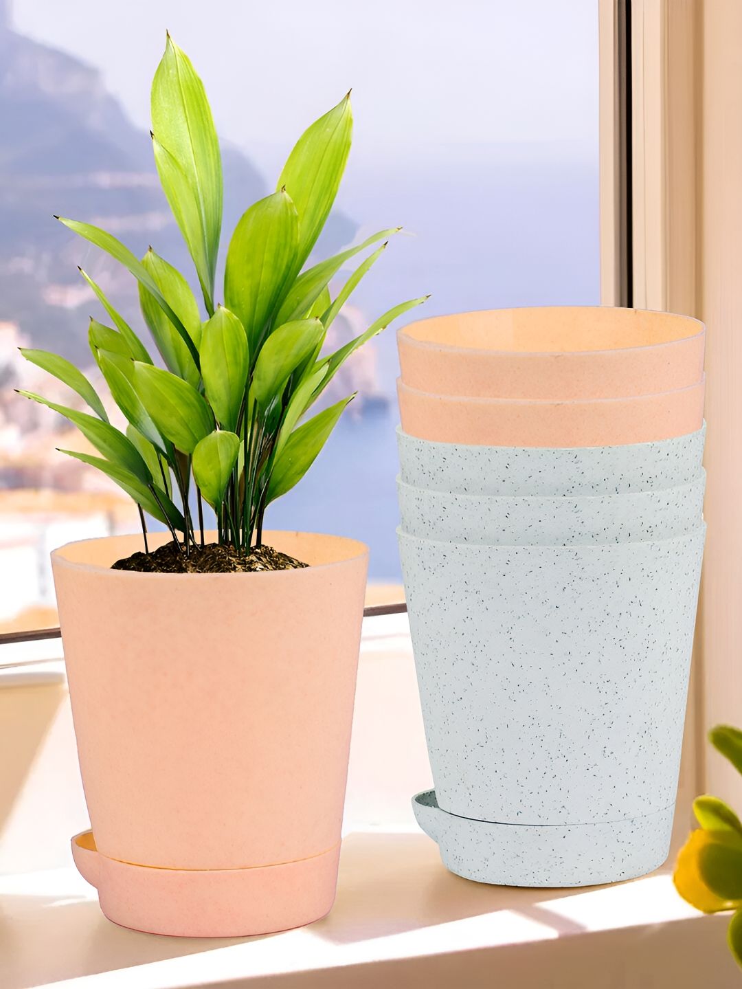 Kuber Industries White & Peach 6 Pieces Marble Finish Planters With Tray Myntra sale