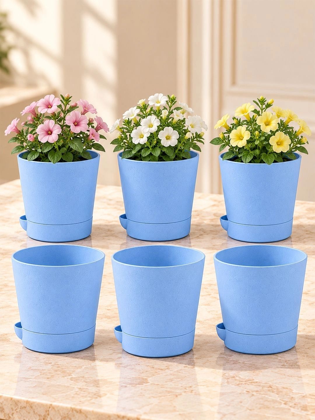 Kuber Industries Blue 6 Pieces Marble Finish Planters With Tray Myntra sale