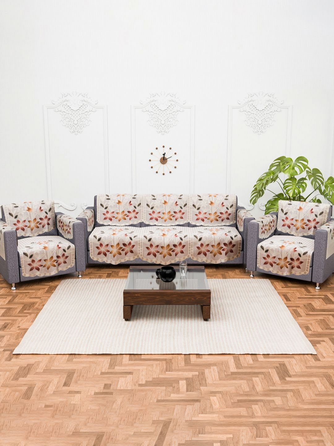 Aura Floral Cotton Quick Dry 16PC Straight 5 Seater Sofa Cover with Arms Cover-69x31In Myntra sale