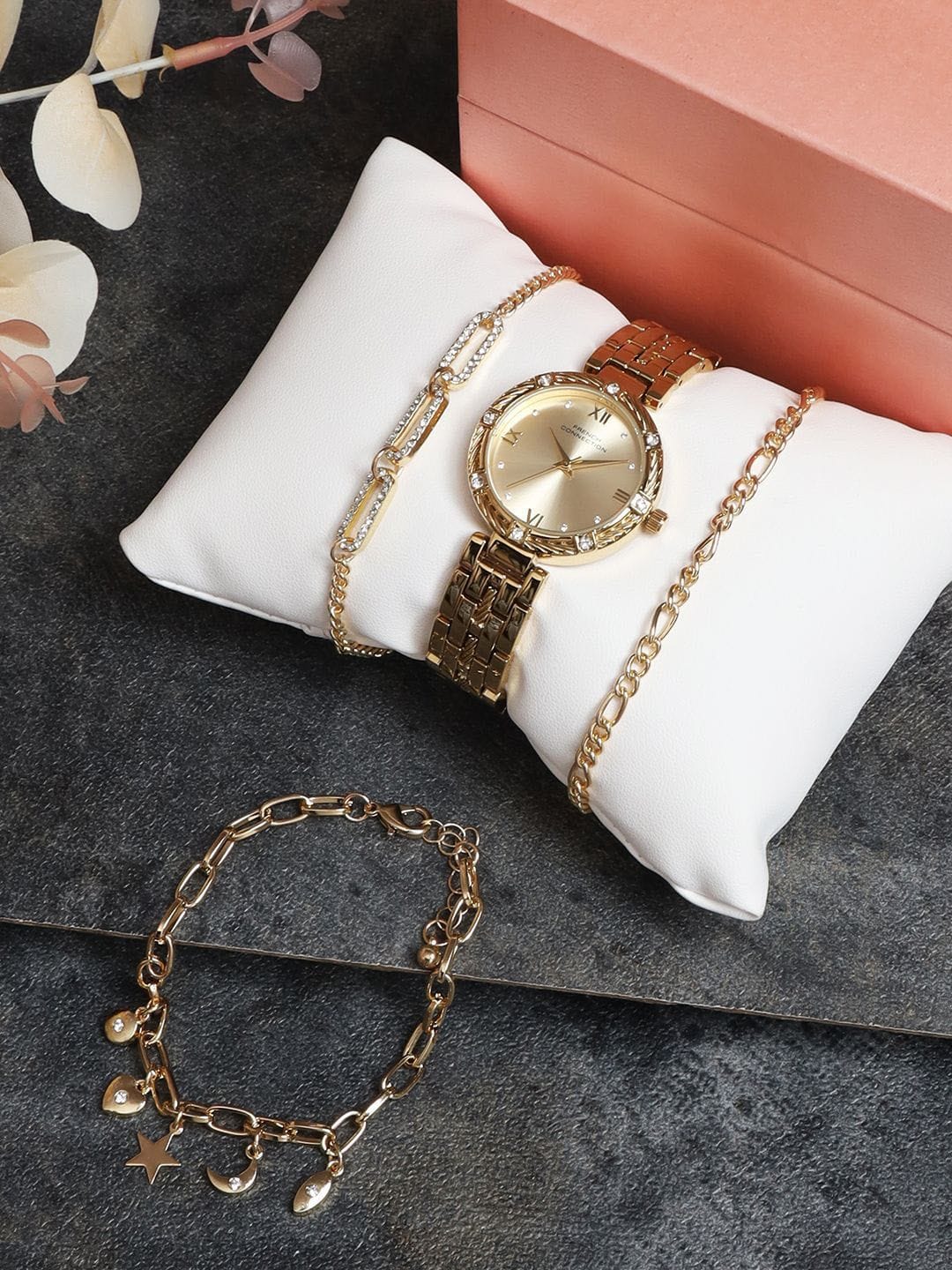 French Connection Women Embellished Dial Textured Straps Analogue Watch Gift Set FCB5GM Myntra sale