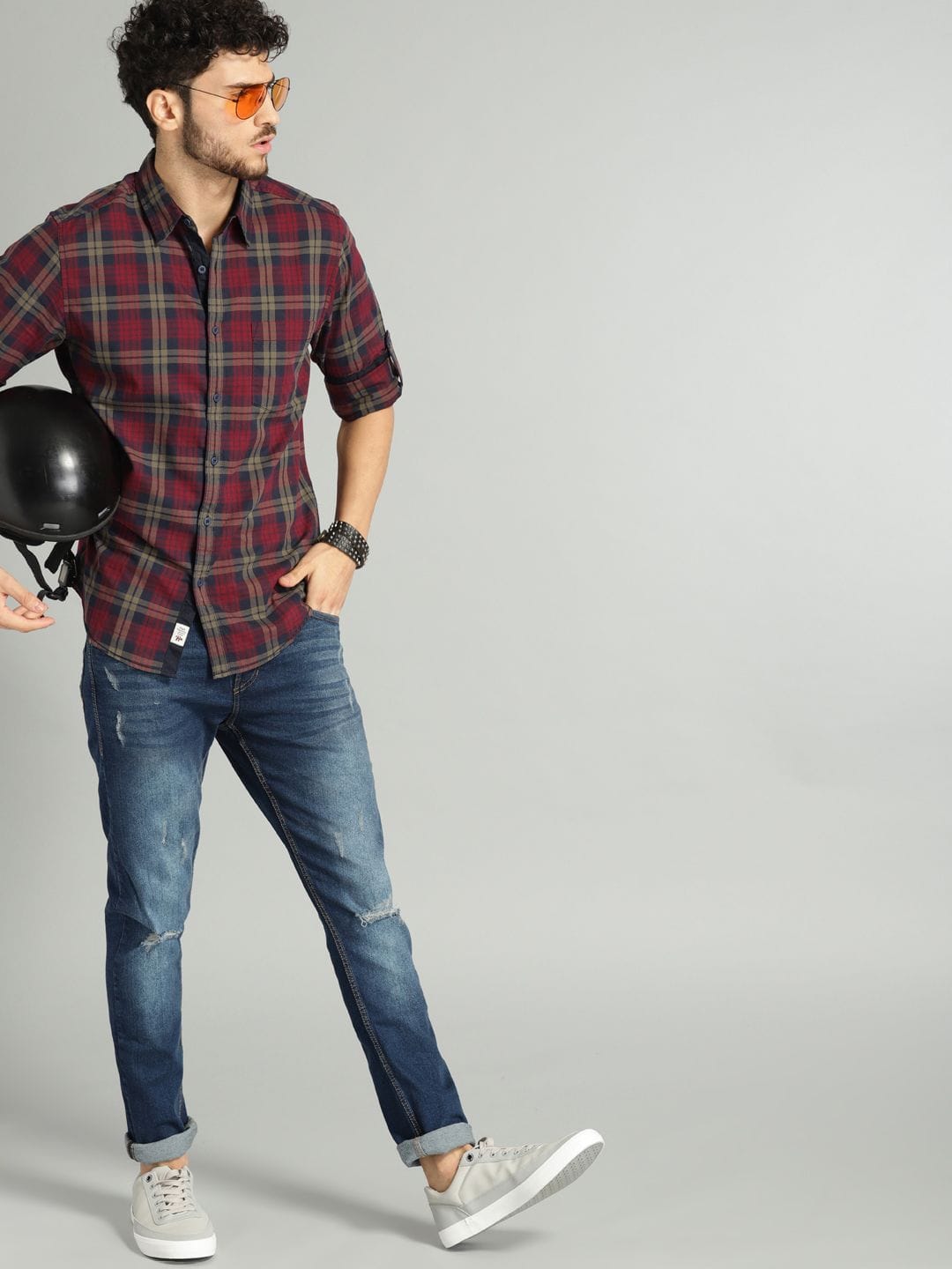 Roadster Roadster Men Maroon & Navy Blue Checked  Cotton Casual Shirt Myntra sale