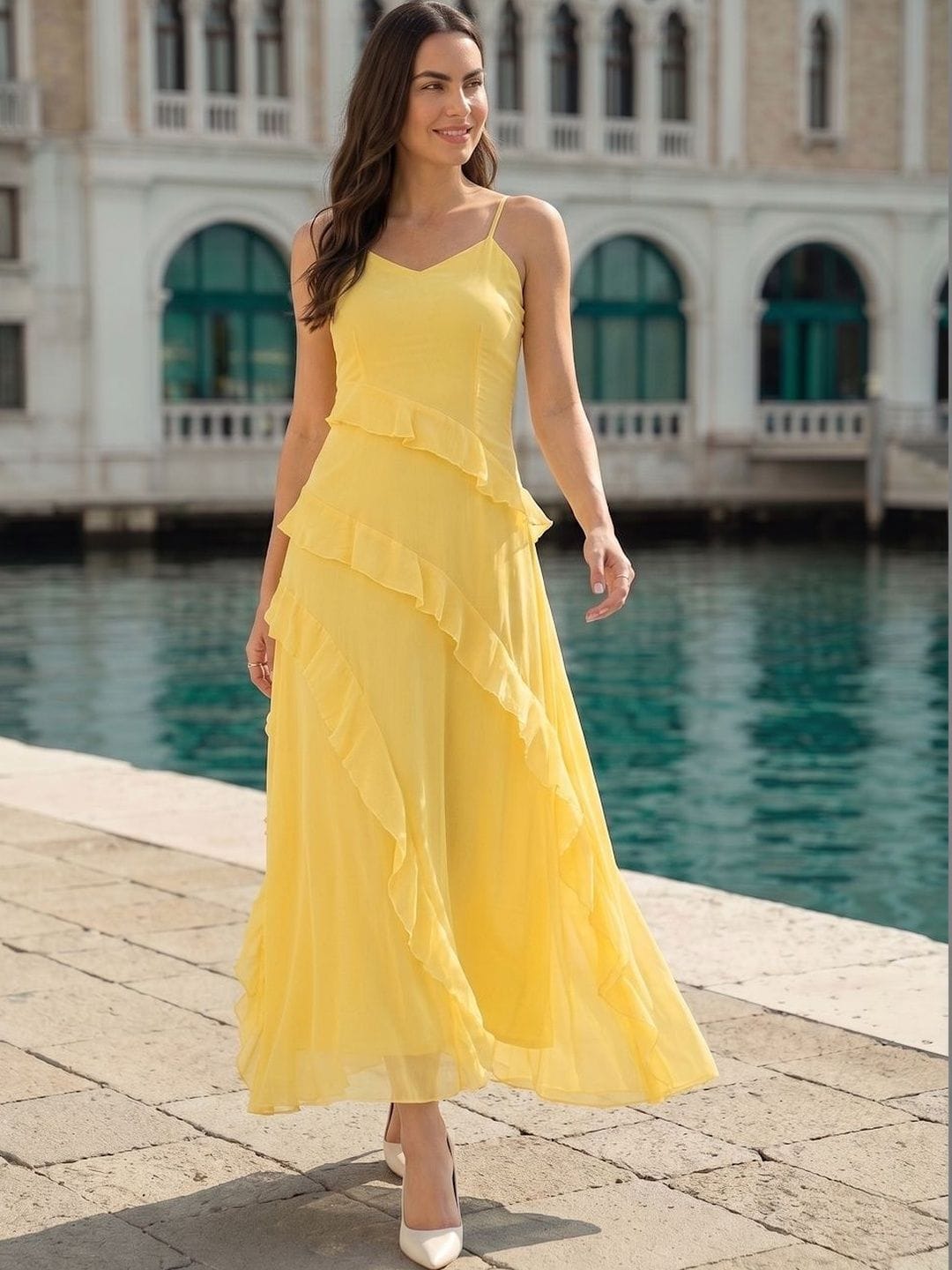 aayu aayu Ruffled Chiffon A-Line Maxi Dress Myntra sale