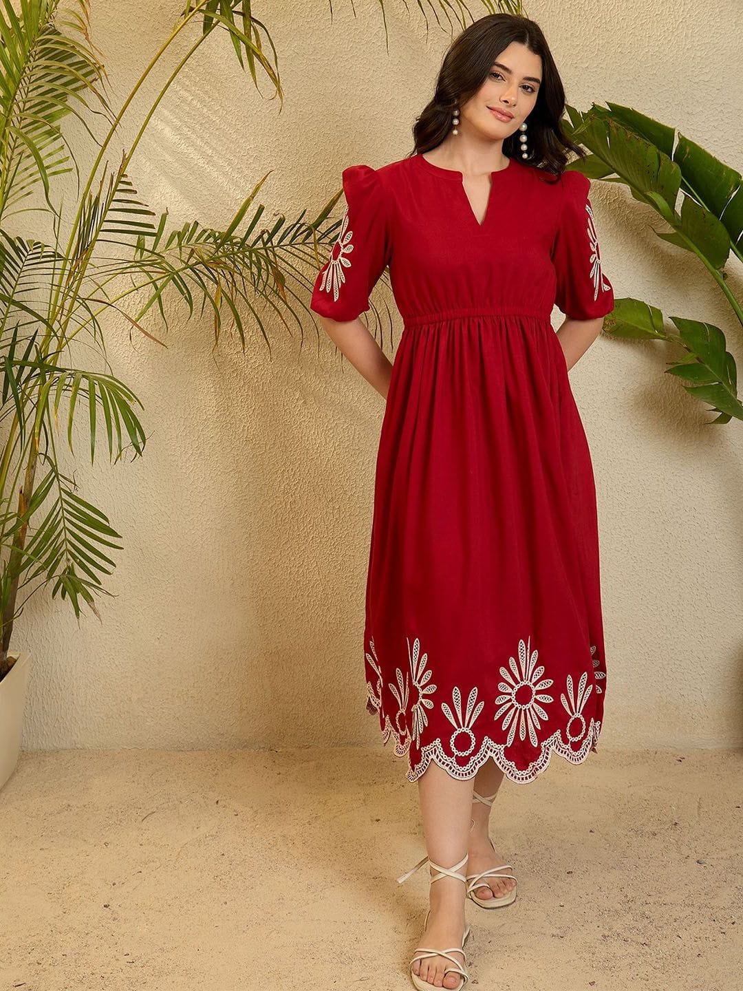 OCTICS OCTICS Red Embroidery Puff Slevee Midi Dress Myntra sale