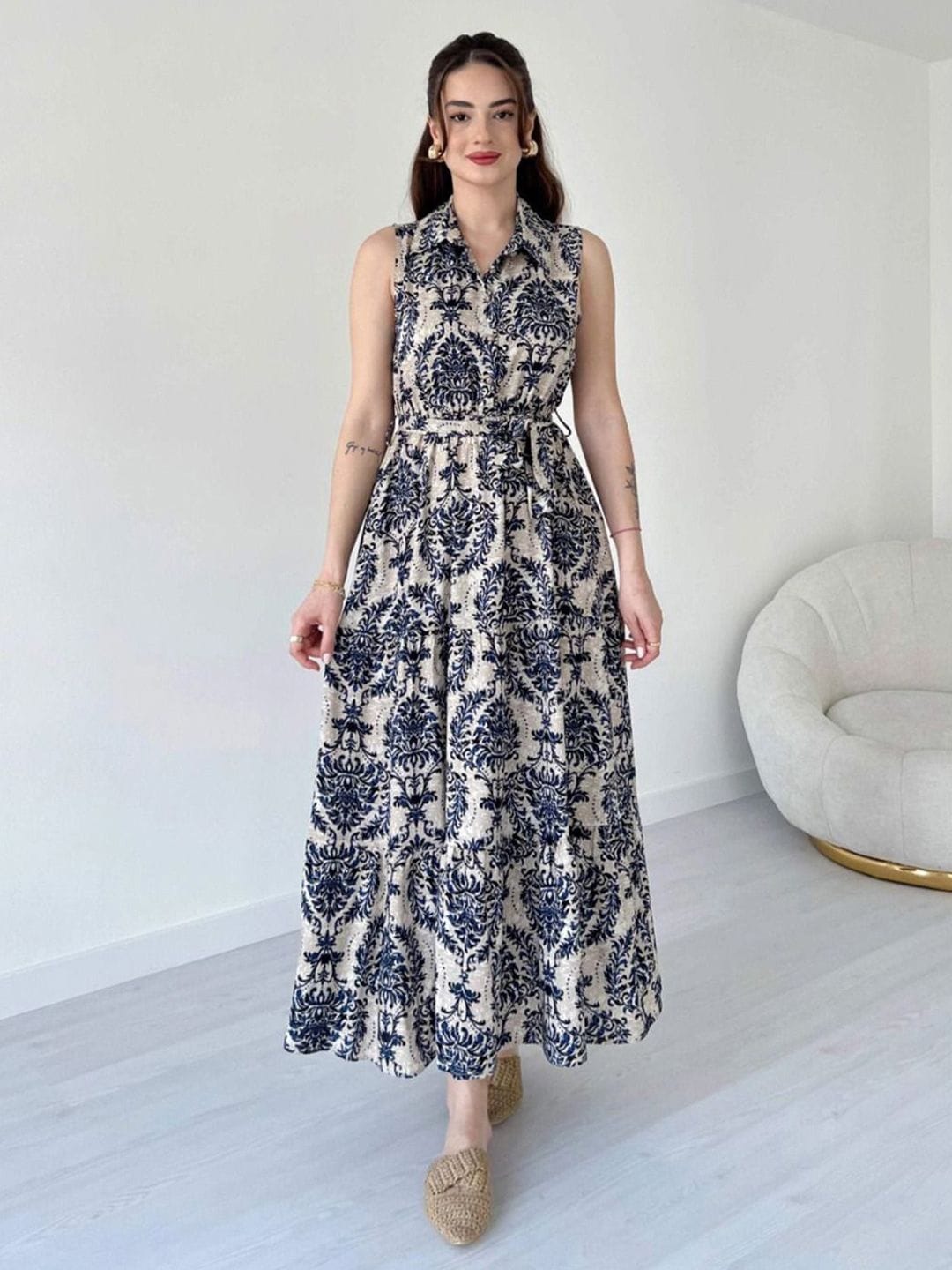 MANOJAVA MANOJAVA Women Ethnic Motifs Printed Belted Tiered Shirt Collar Fit & Flare Maxi Dress Myntra sale