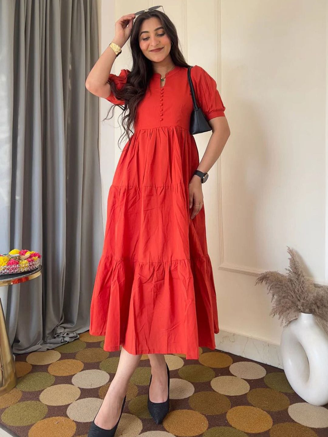 JAHIDA COMFORT WITH STYLE JAHIDA COMFORT WITH STYLE Women Solid Fit & Flare Midi Dress Myntra sale