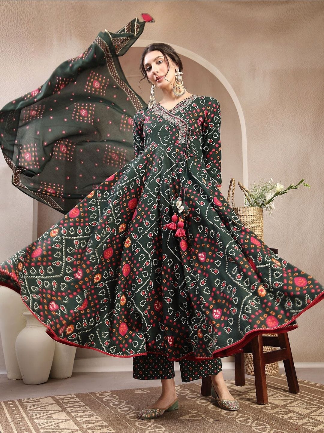 Sangria Sangria Printed Cotton V-Neck Kurta & Palazzos With Dupatta Myntra sale