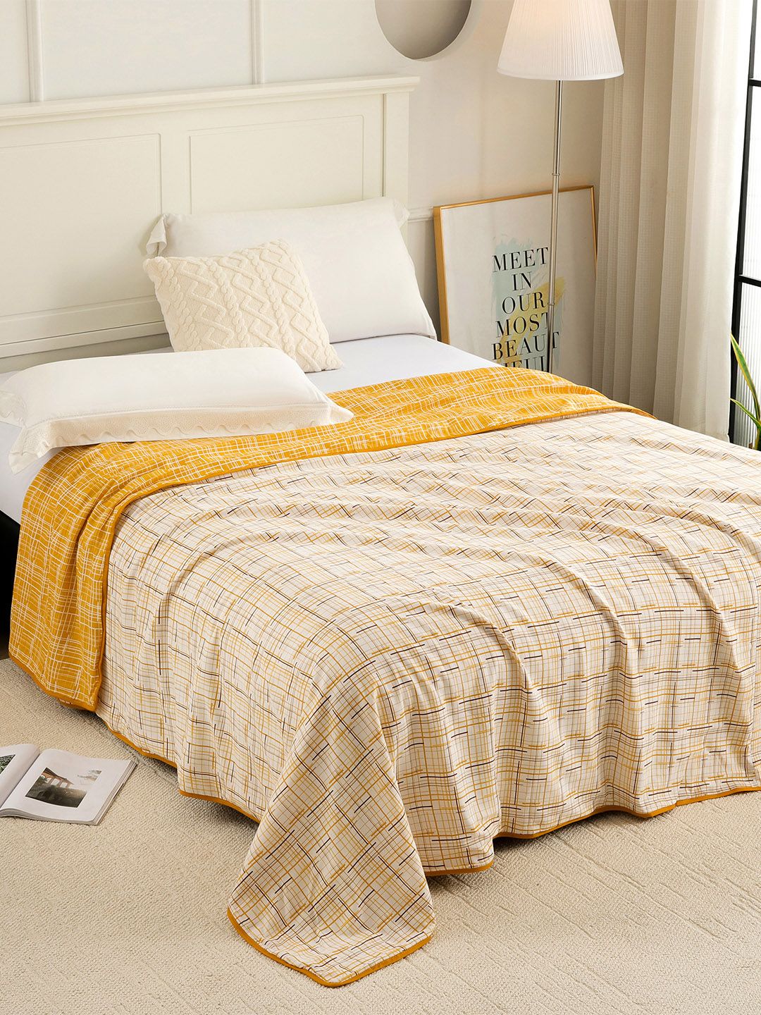 Story@home Yellow & White Checked AC Room 150 GSM Reversible Cotton Single Bed Dohar Myntra sale
