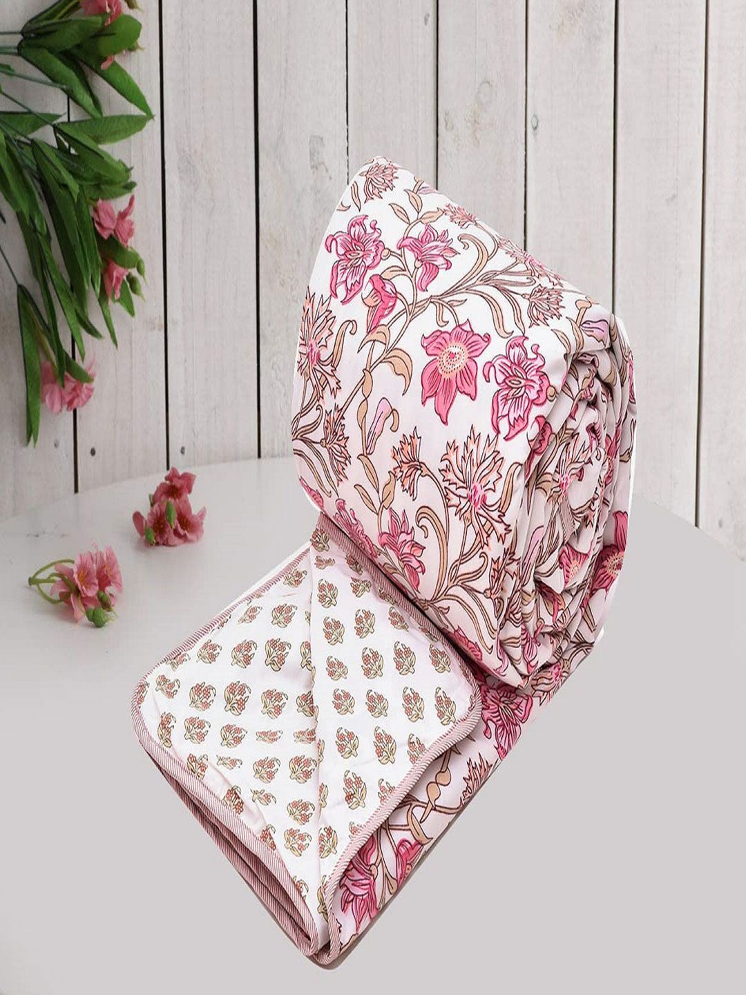 RRC White & Pink Ethnic Motifs Pure Cotton Reversible AC Room 120 GSM Double Bed Dohar Myntra sale