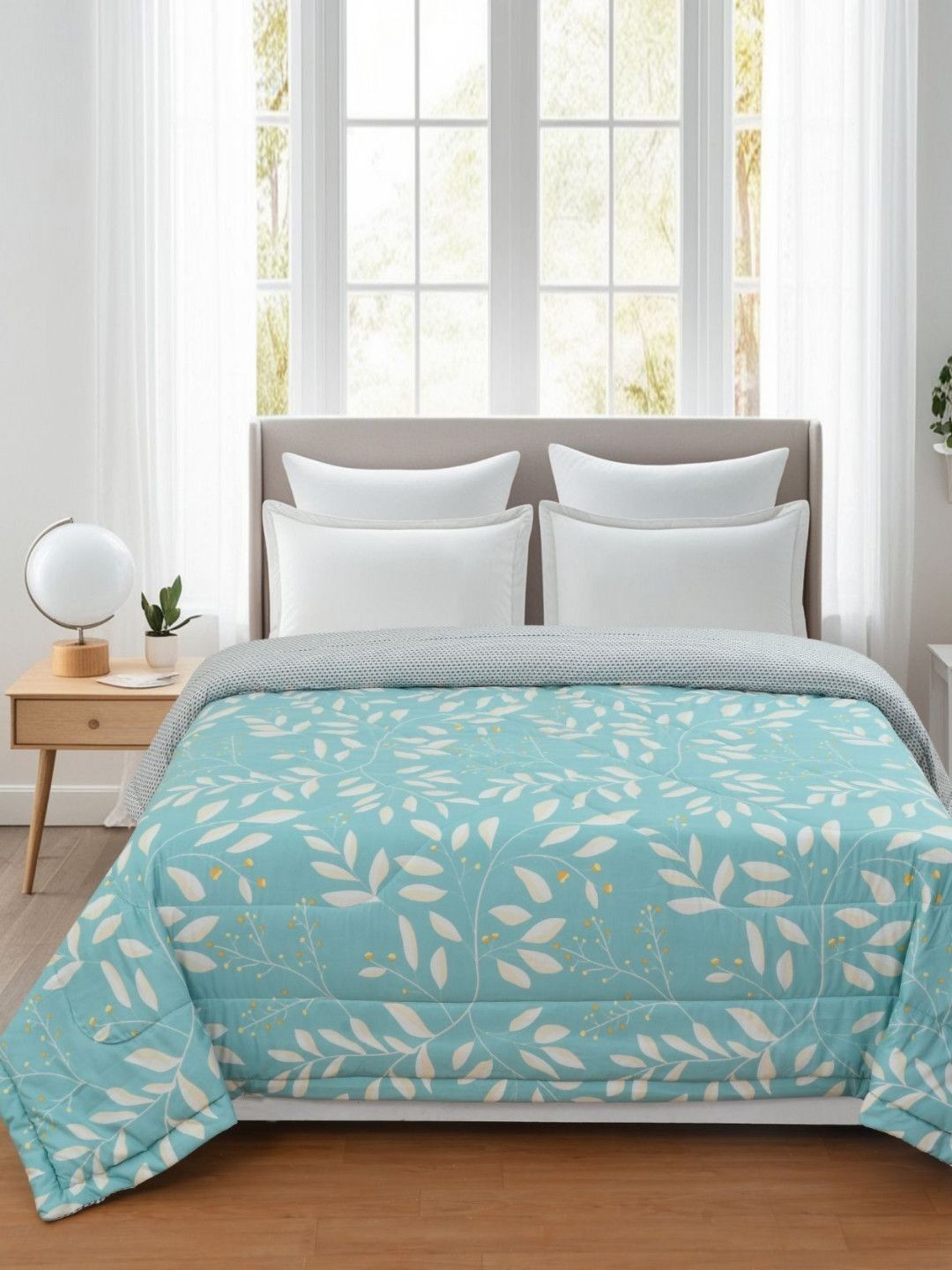 Florida Flyn Teal & White Floral Microfiber 800 GSM Double Bed Comforter Myntra sale