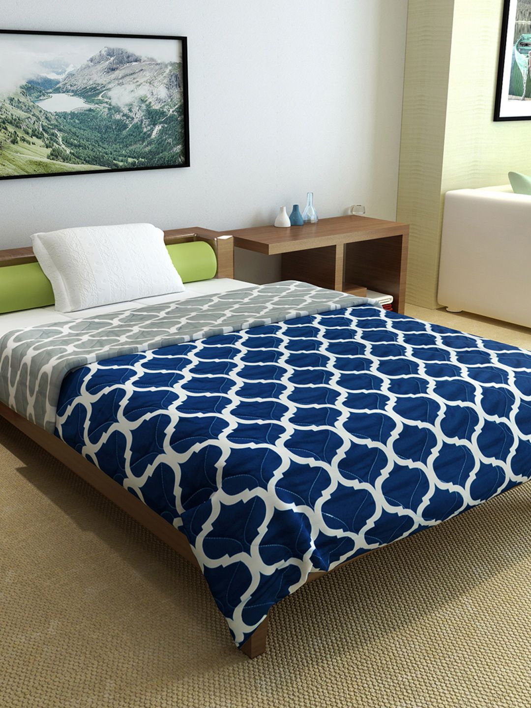 Divine Casa Deep Blue Geometric Microfiber Mild Winter 120 GSM Reversible Single Bed Comfort Myntra sale