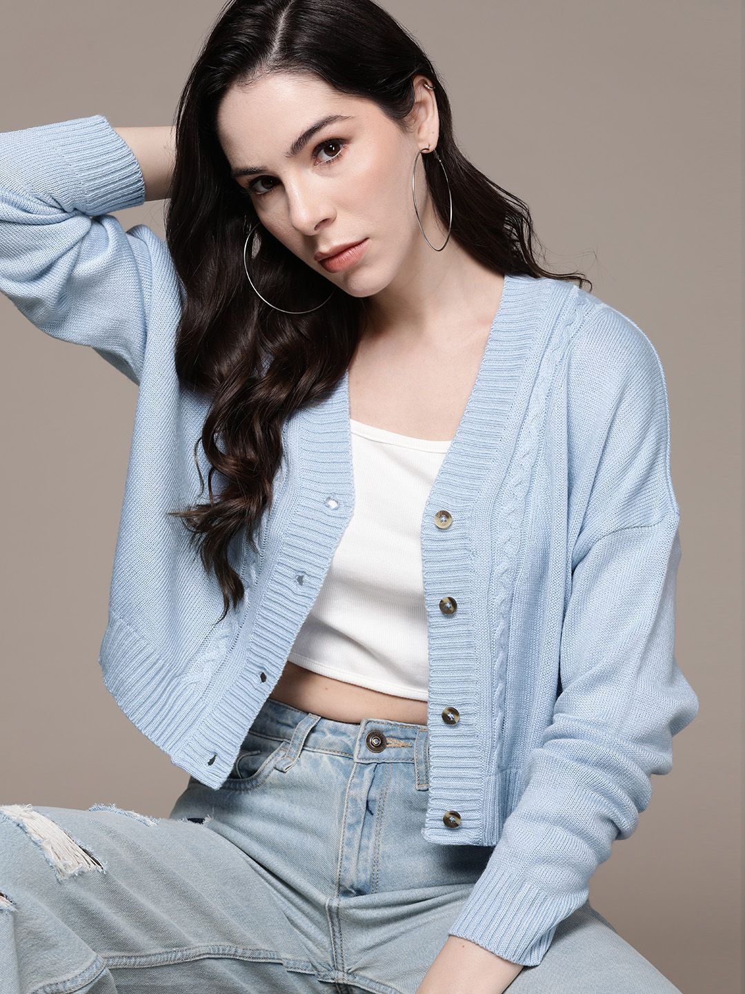Roadster The Roadster Lifestyle Co. Solid Cable Knit Drop-Shoulder Sleeves Acrylic Cardigan Myntra sale