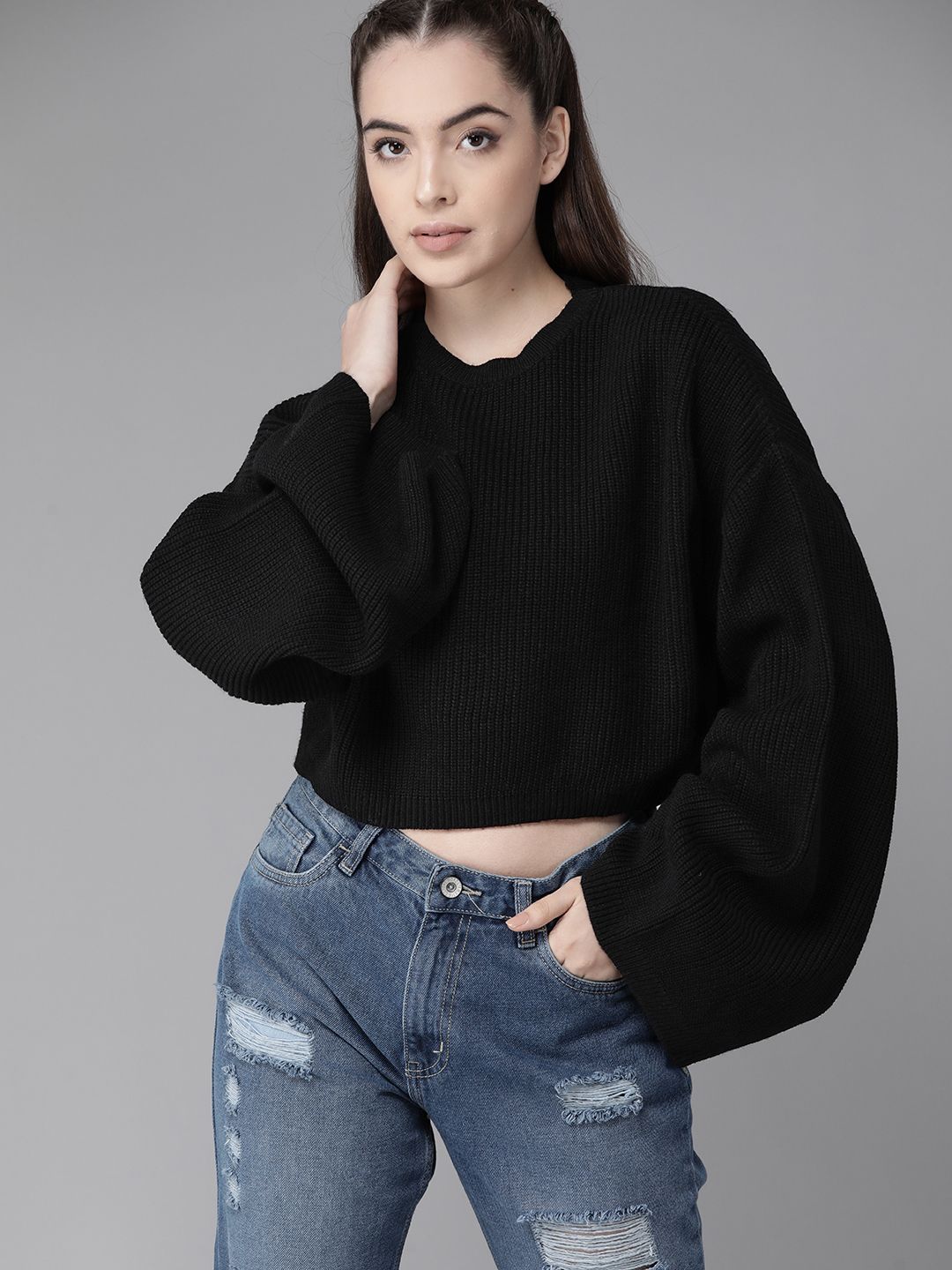 Roadster The Roadster Lifestyle Co. Acrylic Ribbed Flared Sleeves Crop Pullover Sweater Myntra sale