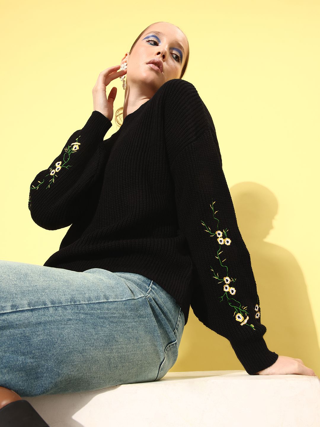 DressBerry DressBerry Round Neck Pullover With Floral Embroidered Detail On Sleeves Myntra sale