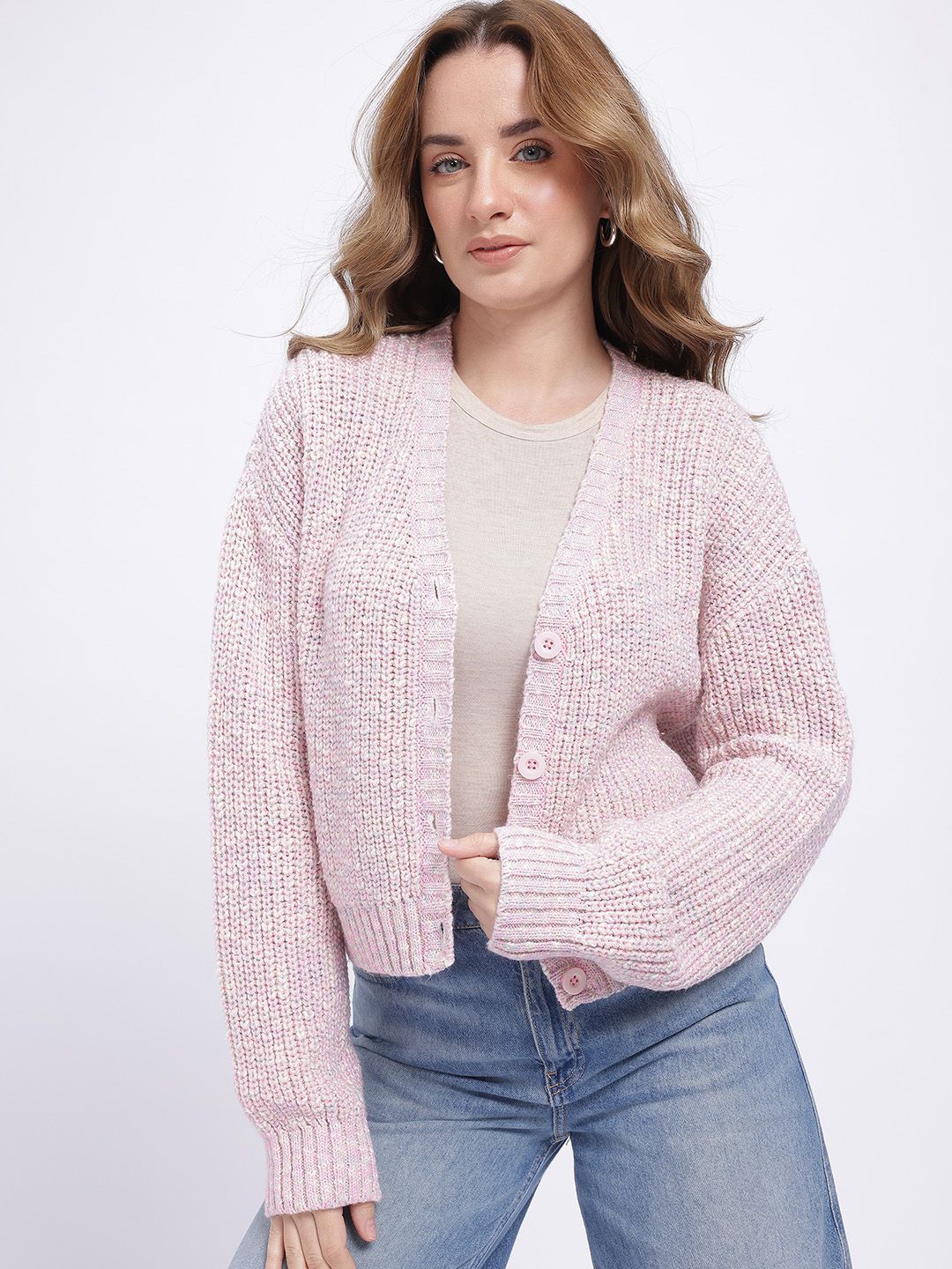 glitchez glitchez Cable Knit V-Neck Oversized Cardigan Myntra sale