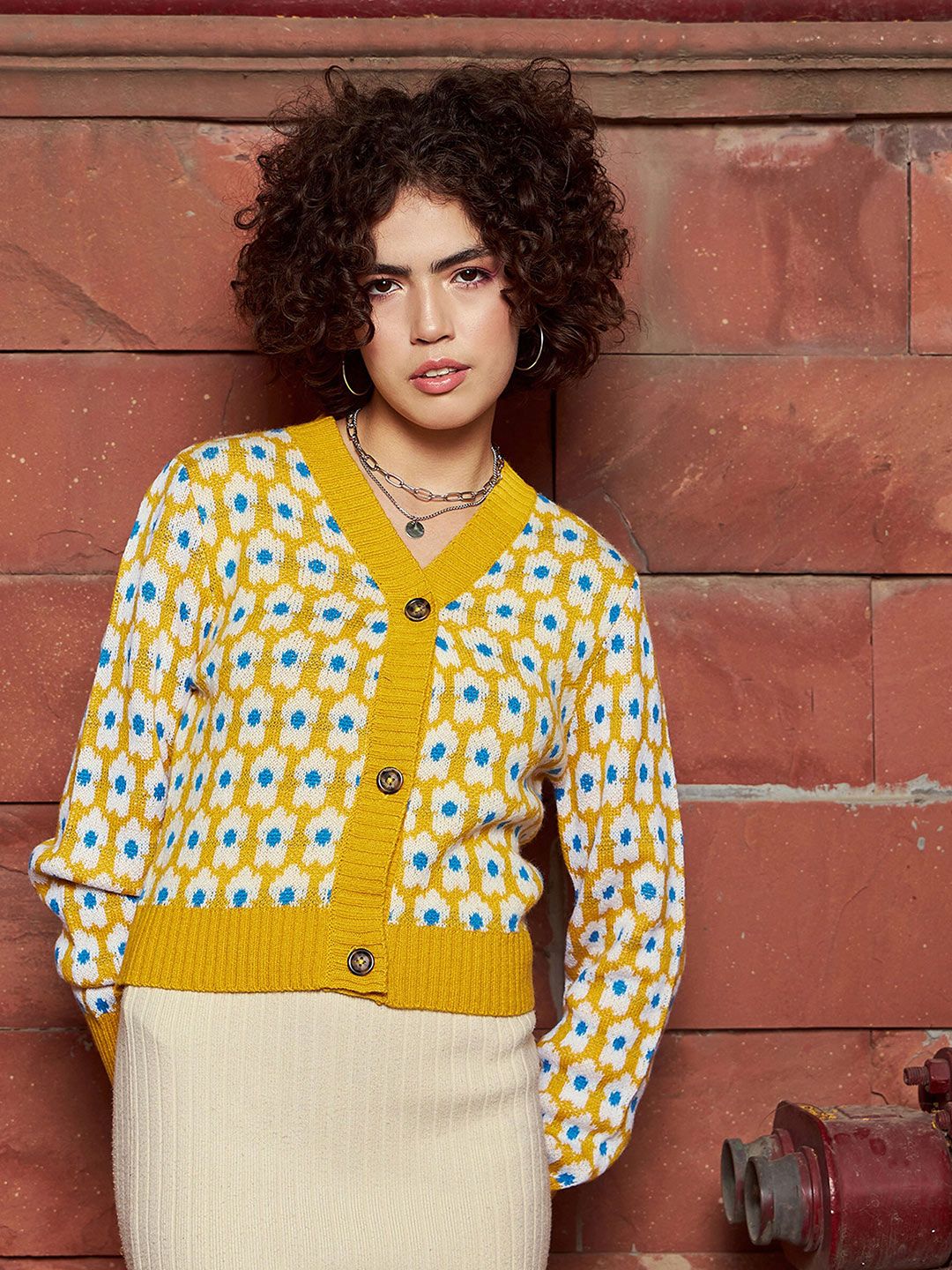 SASSAFRAS SASSAFRAS Floral Printed V-Neck Ribbed Woollen Cardigan Myntra sale