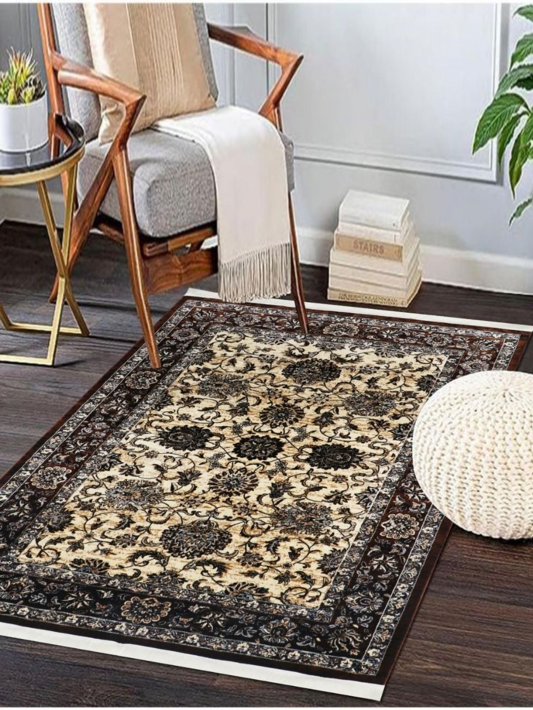 MODEFE Cream & Black Floral Anti-Skid Nylon Carpet Myntra sale