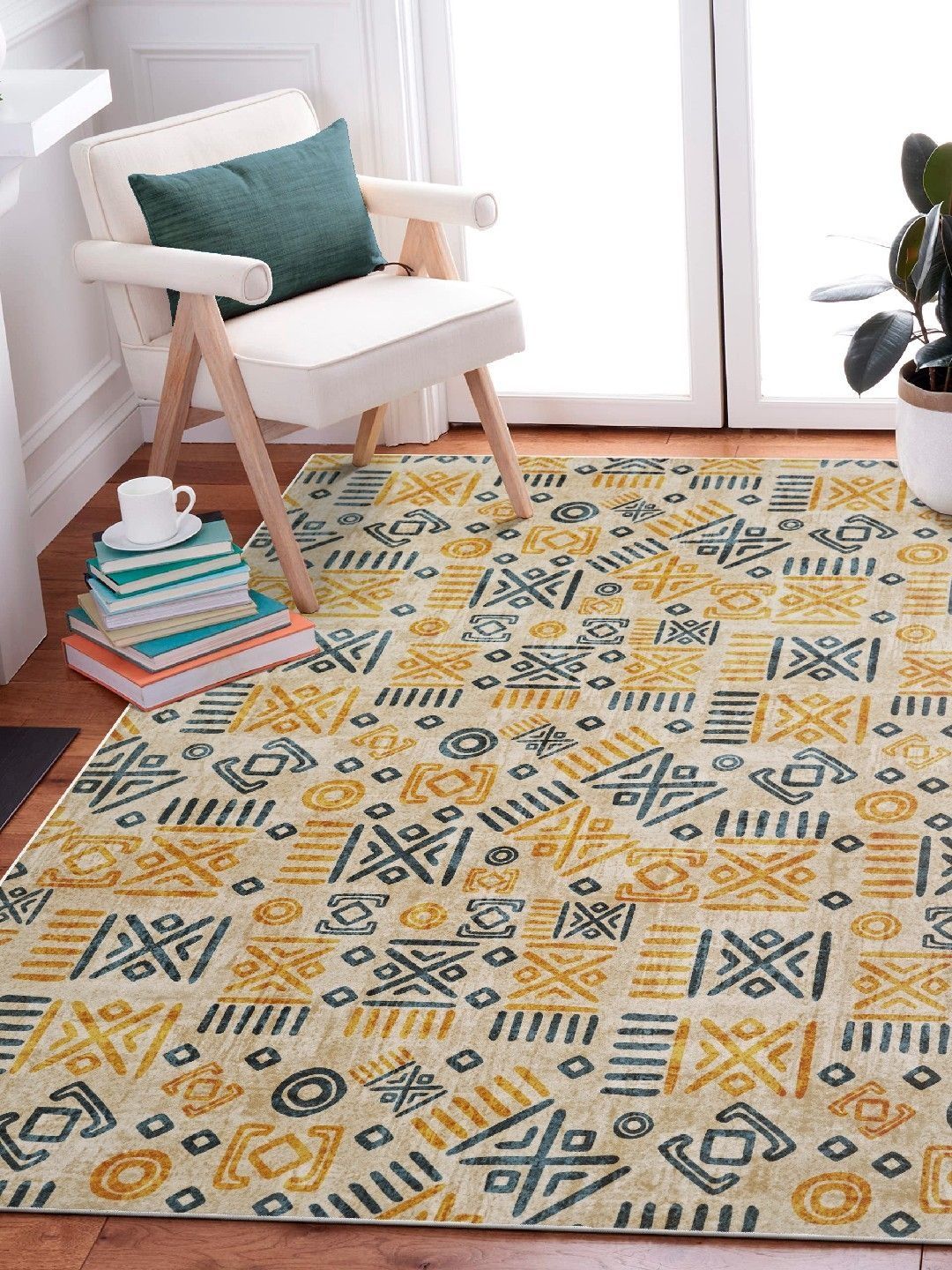 Kaleen India Beige And Yellow Geometric Printed Anti-Skid Backing Washable Rugs Myntra sale
