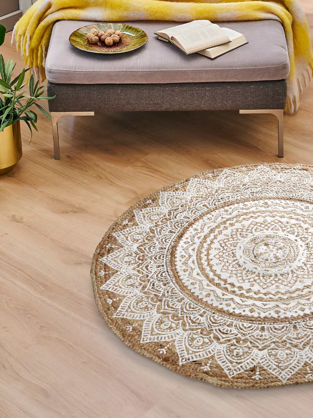 SASHAA WORLD Brown 7 White Printed Jute Round Floor Mat Myntra sale