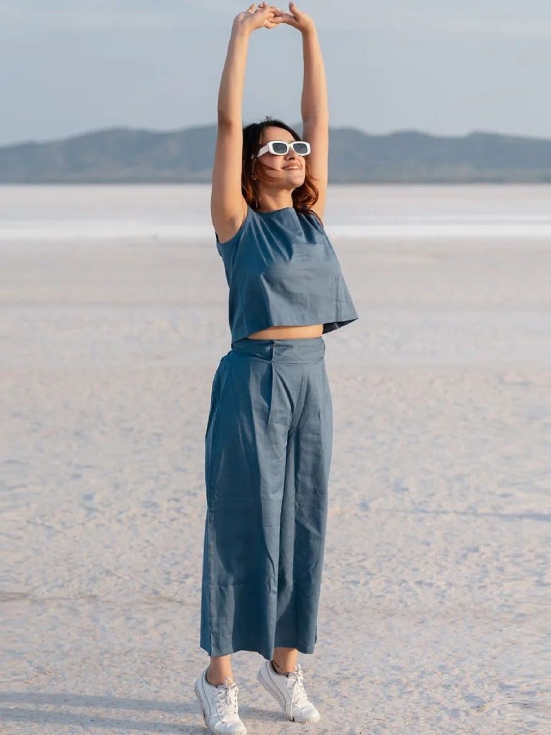 HERE&NOW Women Blue Sleeve Less Round Neck Top & Trousers Co-Ords Set Myntra sale