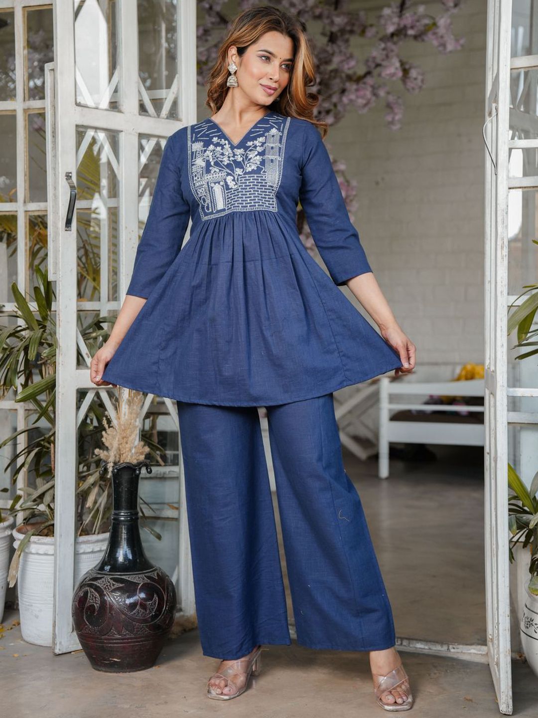 SINGNI Embroidered Pure Cotton V Neck Top With Palazzo Co-Ords Myntra sale