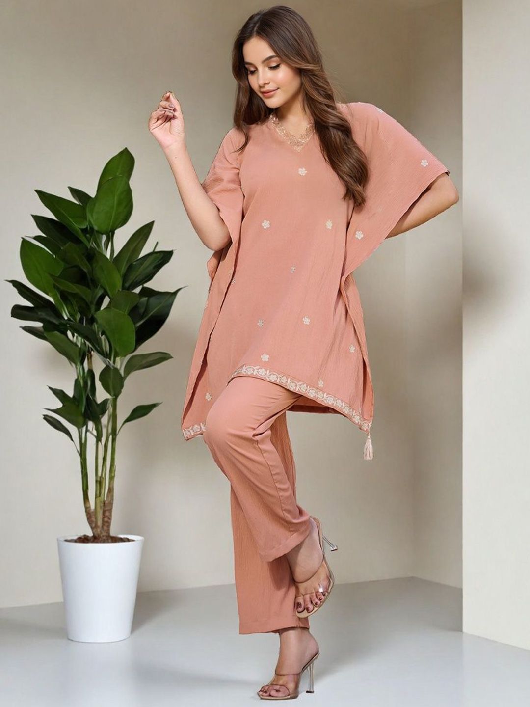 SZN Peach Embroidered V-Neck Tunic with Trousers Co-Ords Myntra sale
