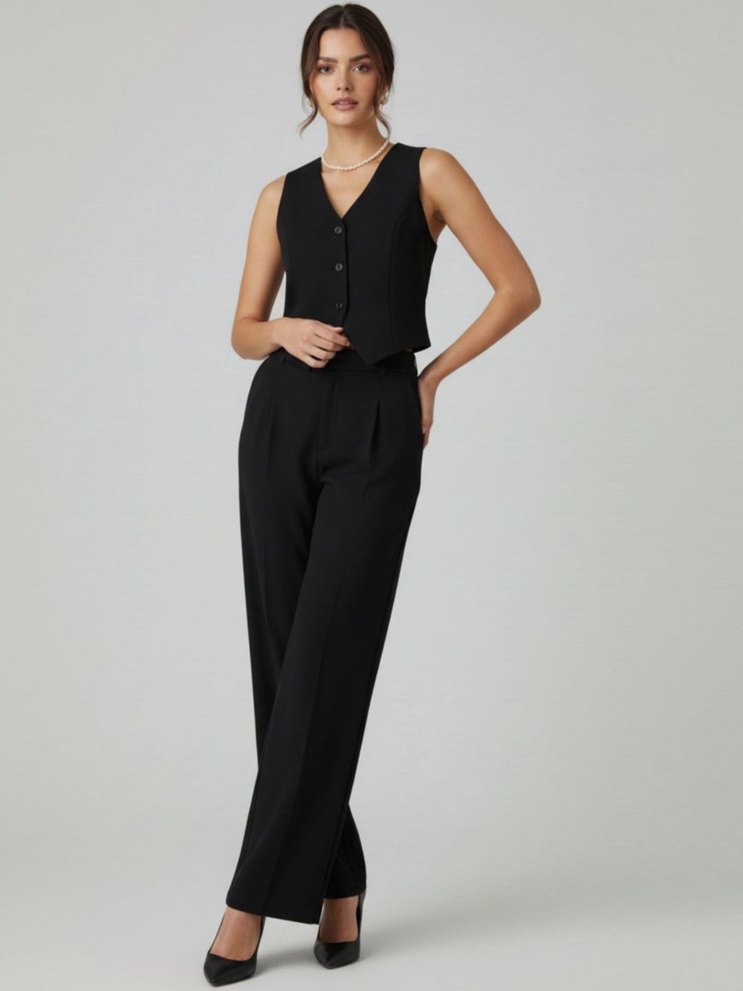 glitchez Solid V-Neck Waistcoat & Trousers Co-Ords Set Myntra sale