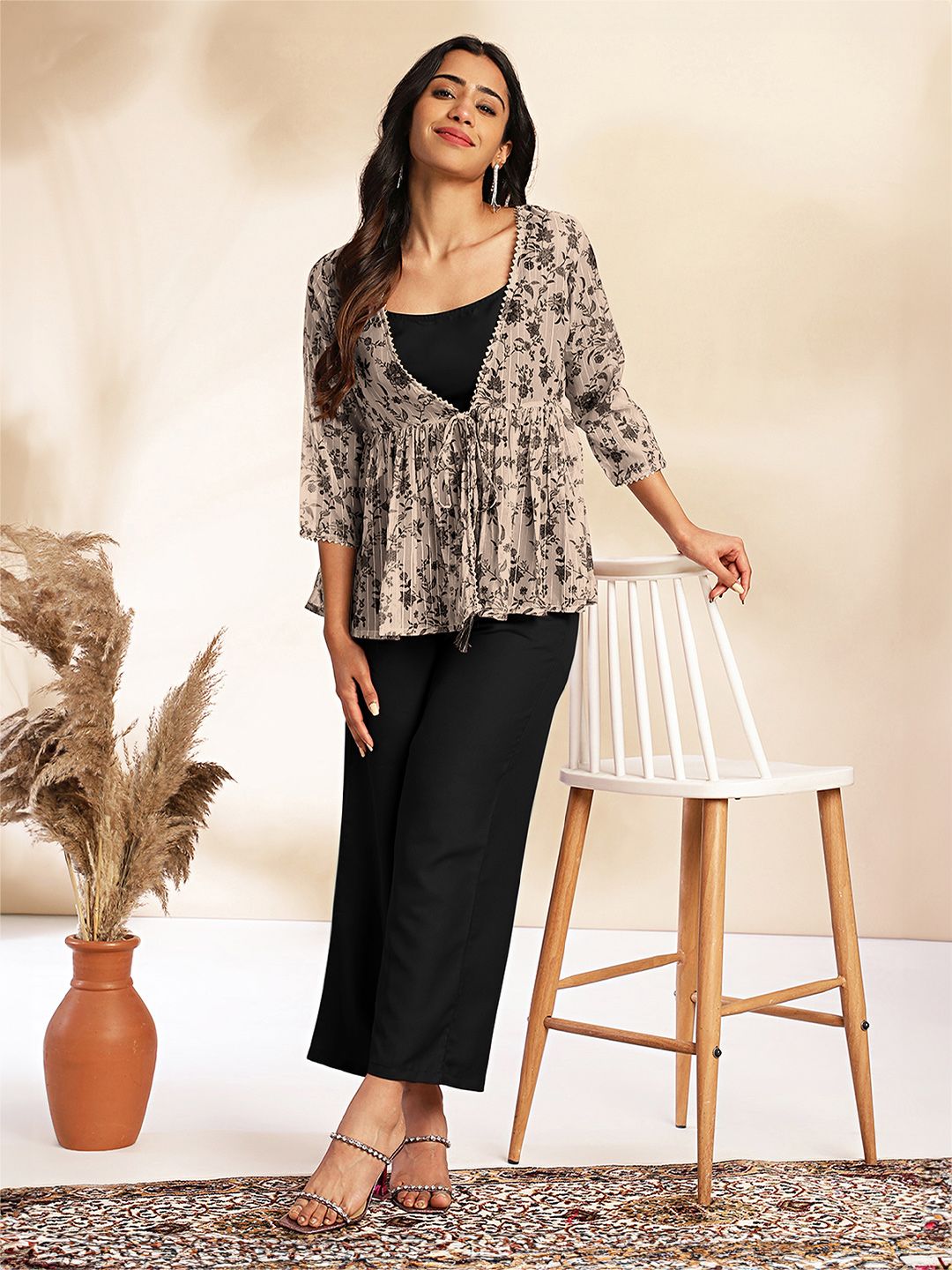 Janasya Women Solid Shoulder Straps Crop Top & Trousers with Floral Print Shrug Myntra sale