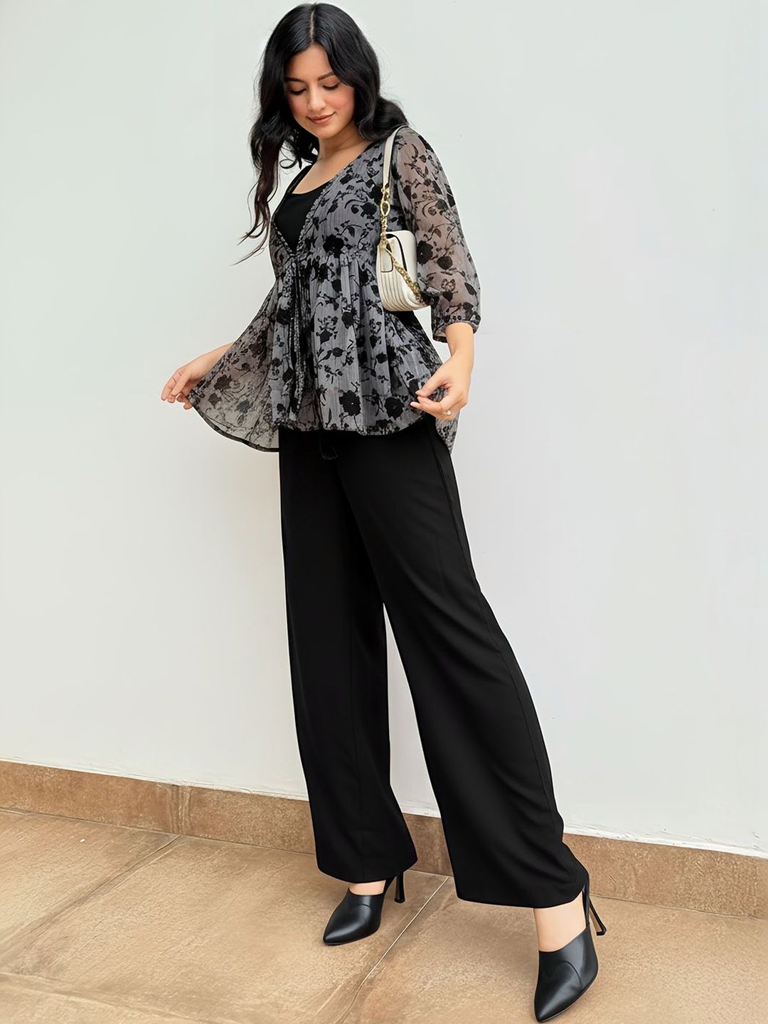 Janasya Women Solid Shoulder Straps Crop Top & Trousers with Floral Print Shrug Myntra sale