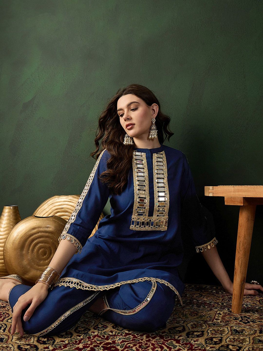Sangria Embellished Mirror Work Roman Silk Tunic With Dhoti Pant Myntra sale