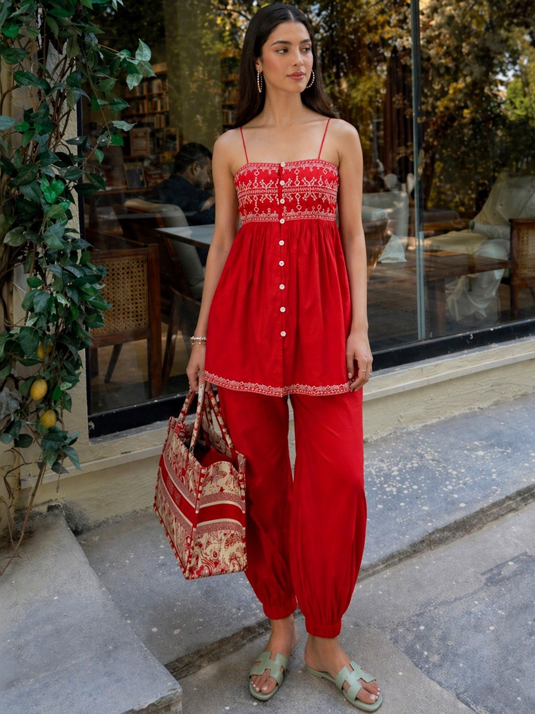 Shae by SASSAFRAS Bohemian Cotton Embroidered Tunic with Palazzos Myntra sale
