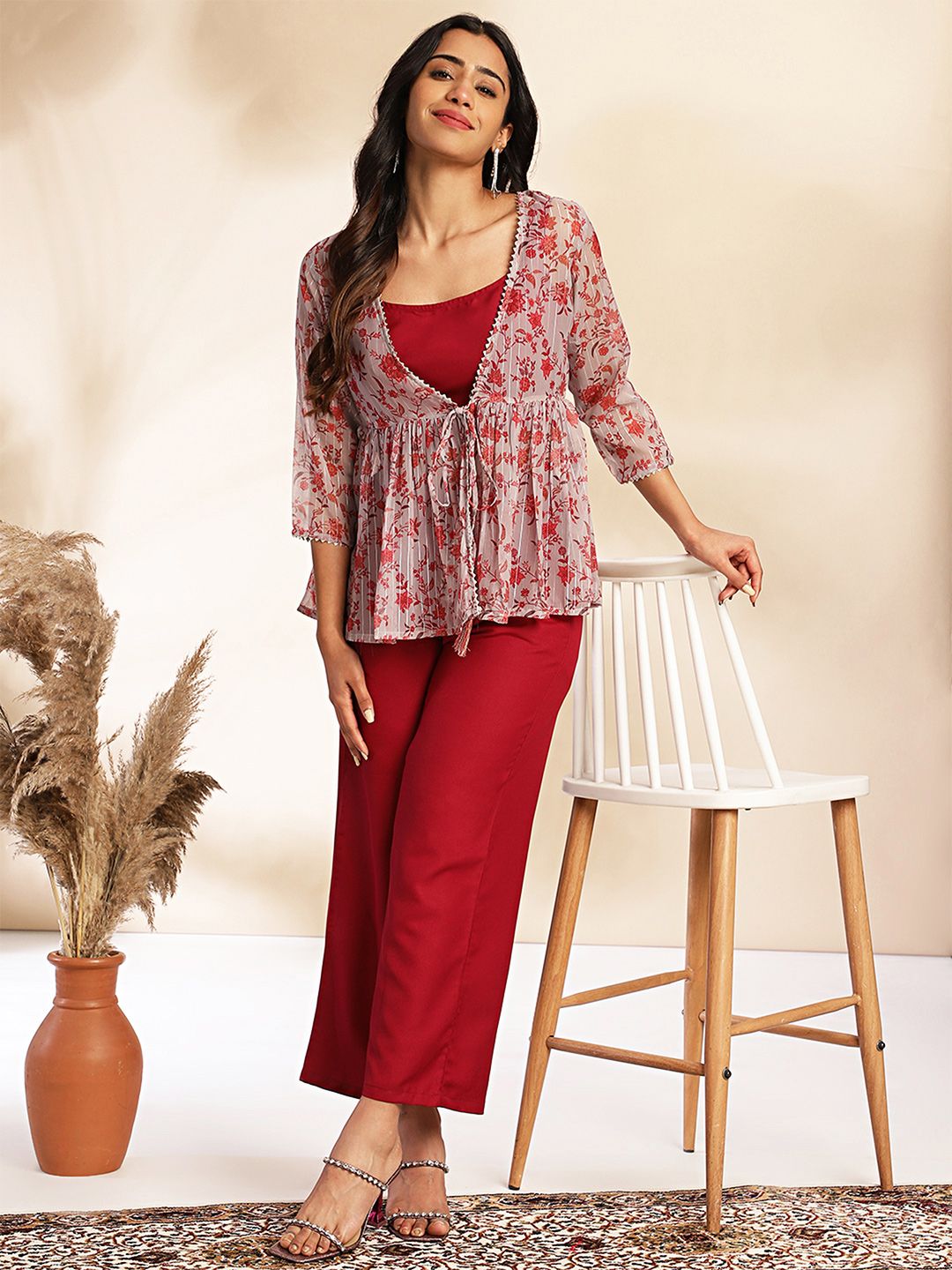 Janasya Women Solid Shoulder Straps Crop Top & Trousers with Floral Print Shrug Myntra sale