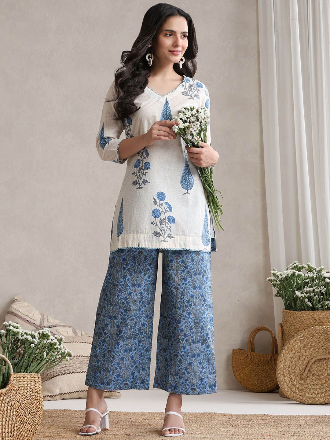 Khushal K Floral Printed Cotton V-Neck Tunic With Palazzo Co-Ords Myntra sale