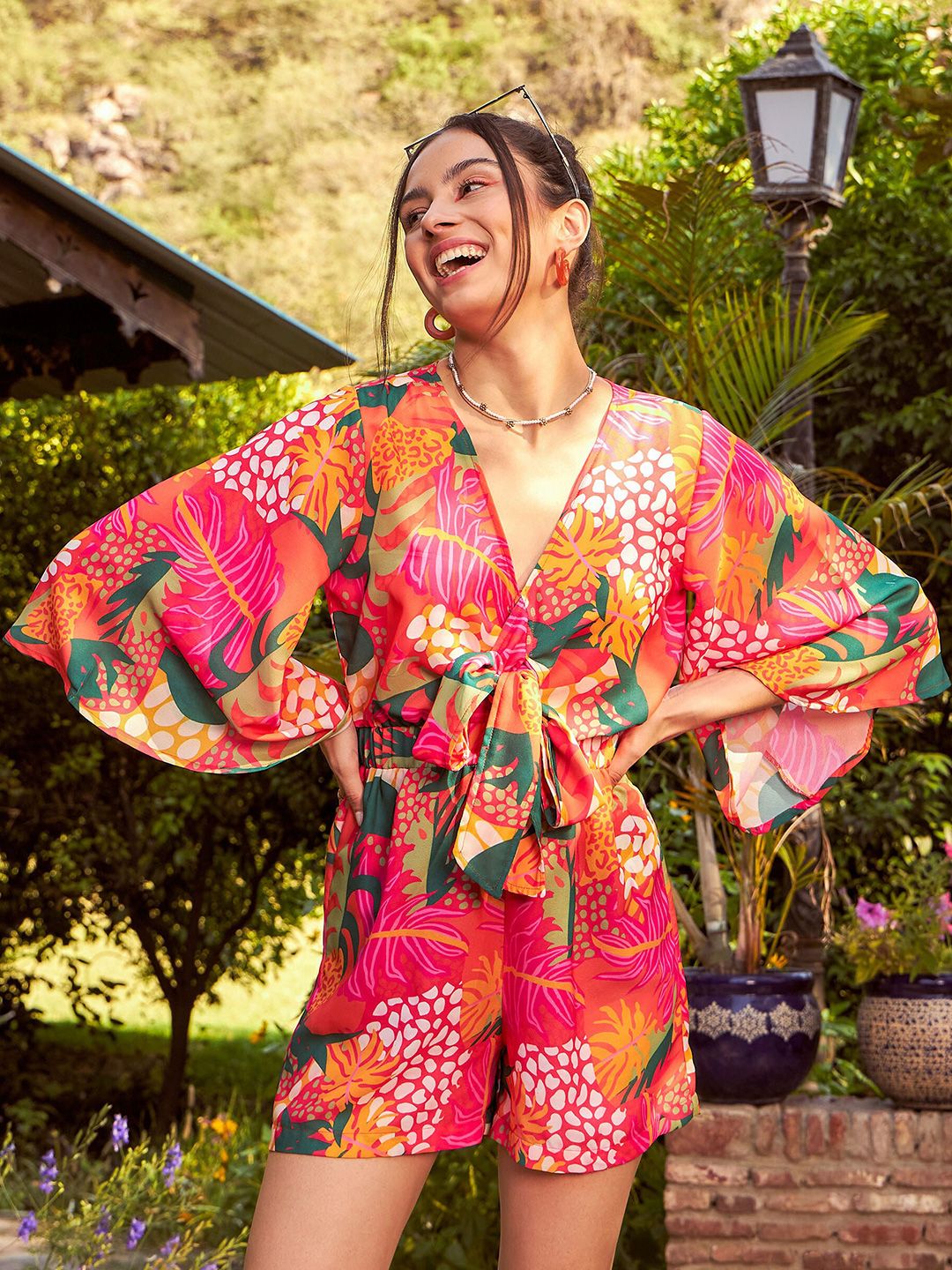 SASSAFRAS Orange & Green Floral Printed Front Tie Knot Playsuit Myntra sale
