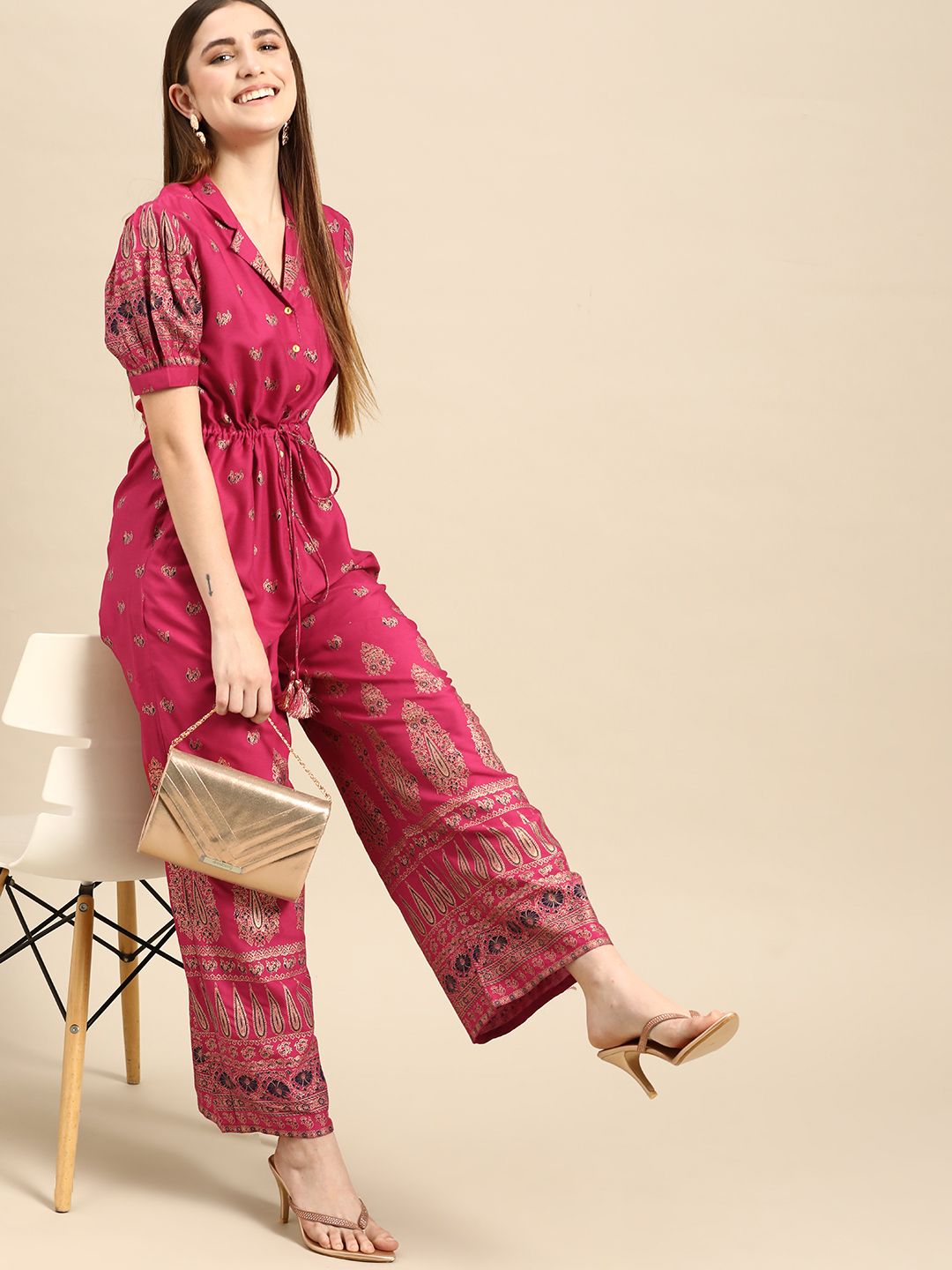 Anouk Women Magenta & Golden Ethnic Motifs Printed Basic Jumpsuit Myntra sale