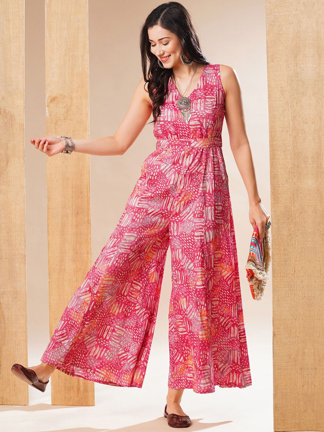 Globus Printed Wrap Neck Belted Flared Leg Fusion Jumpsuit Myntra sale