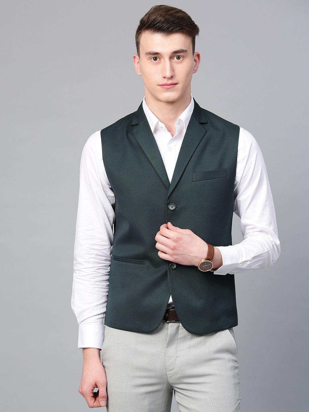 MANQ MANQ Men Green Solid Slim Fit Woven Formal Waistcoat Myntra sale