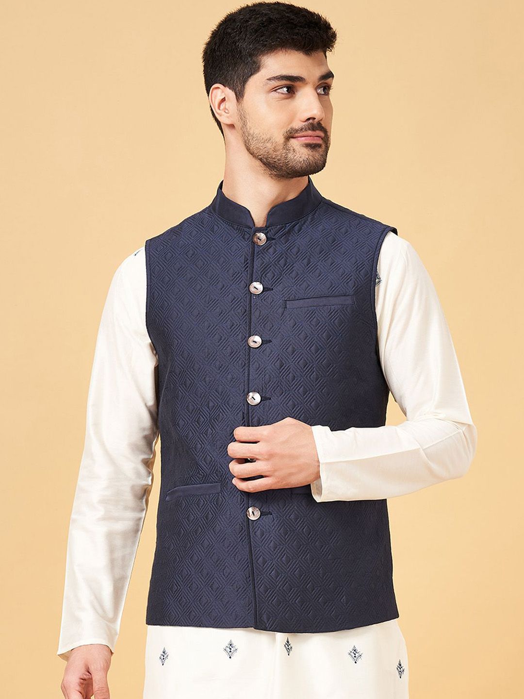 indus route by Pantaloons indus route by Pantaloons Mandarin Collar Geometric Sleeveless Wai Myntra sale