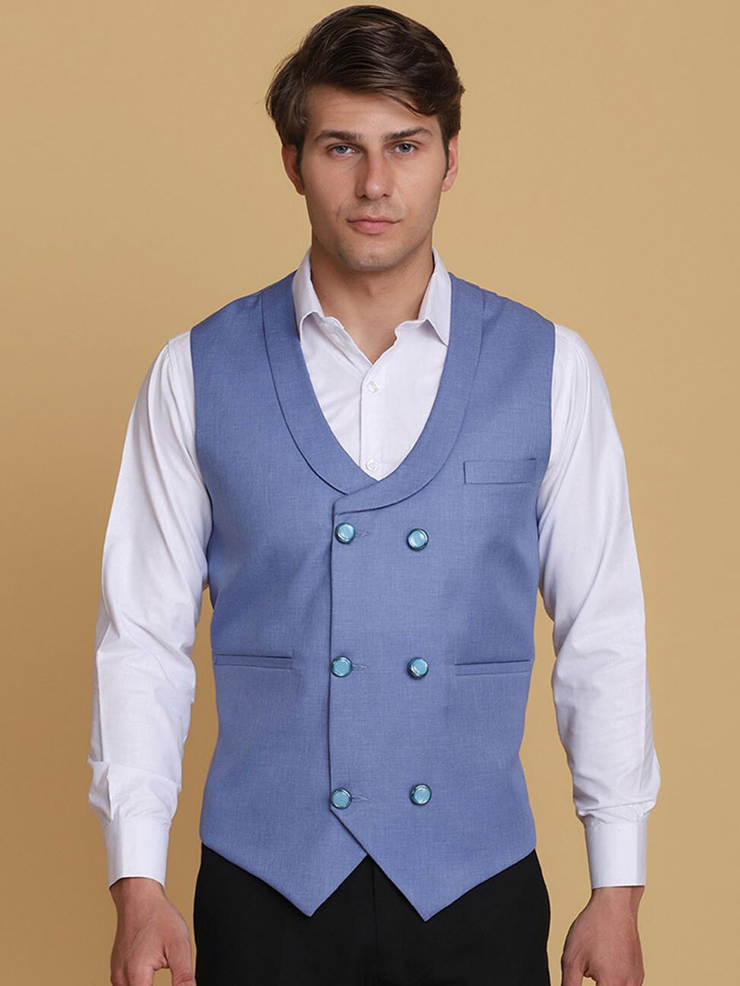 TAHVO TAHVO Men Blue Solid Formal Waistcoat Myntra sale