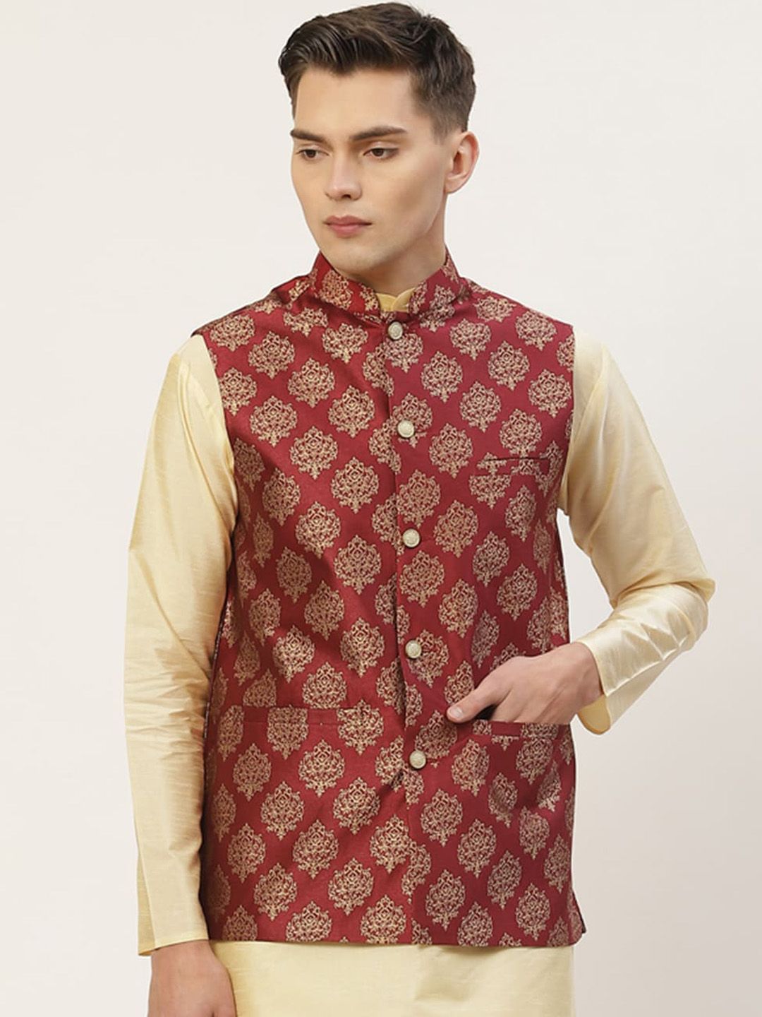 Jompers Jompers Men Maroon & Gold Toned Woven Design Waistcoat Myntra sale
