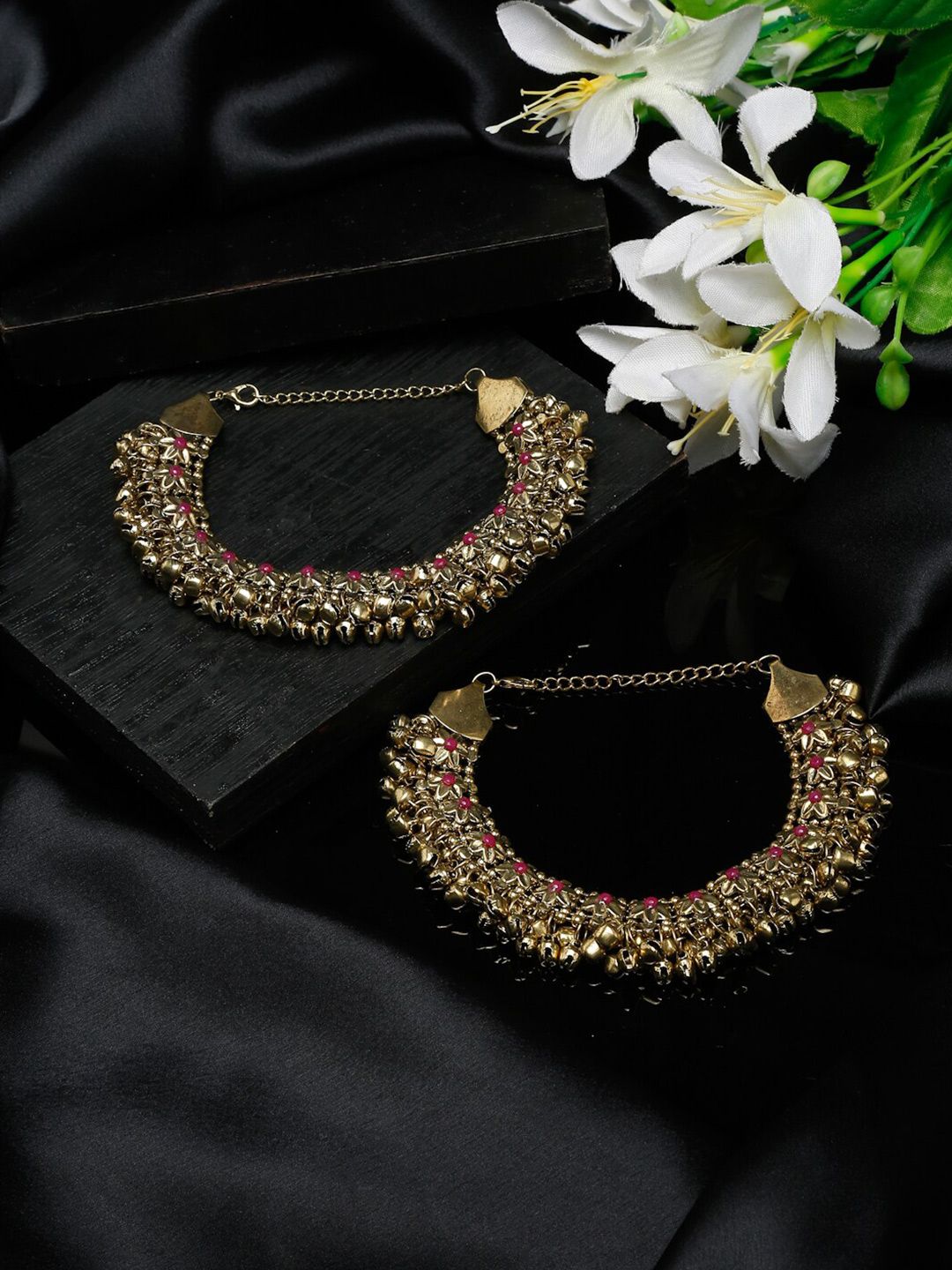 Sangria Set Of 2 German Silver Gold-Plated Oxidised Tribal Anklets Myntra sale