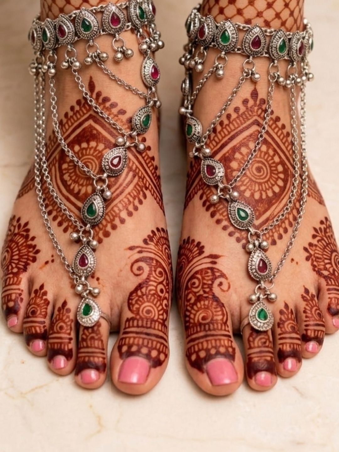 VIVAZS Oxidised Silver-Plated multi Kundan Stone-Studded Layered Anklet with Toe Ring Myntra sale