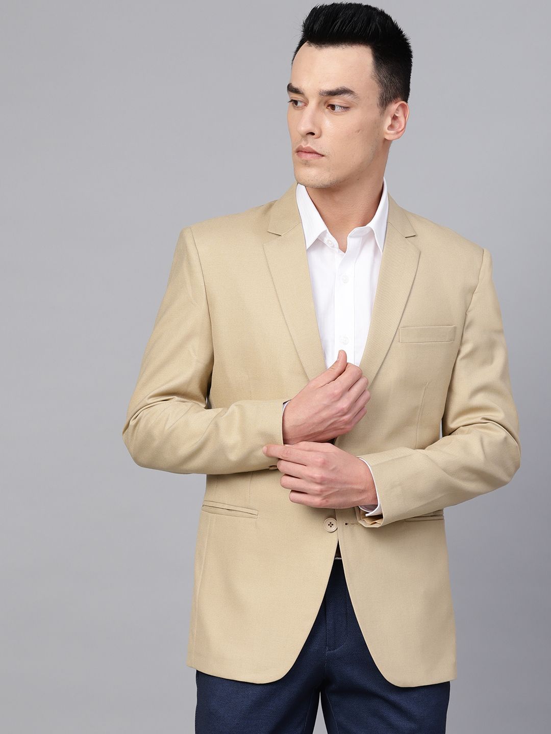 MANQ Men Beige Slim Fit Solid Single-Breasted Formal Blazer Myntra sale