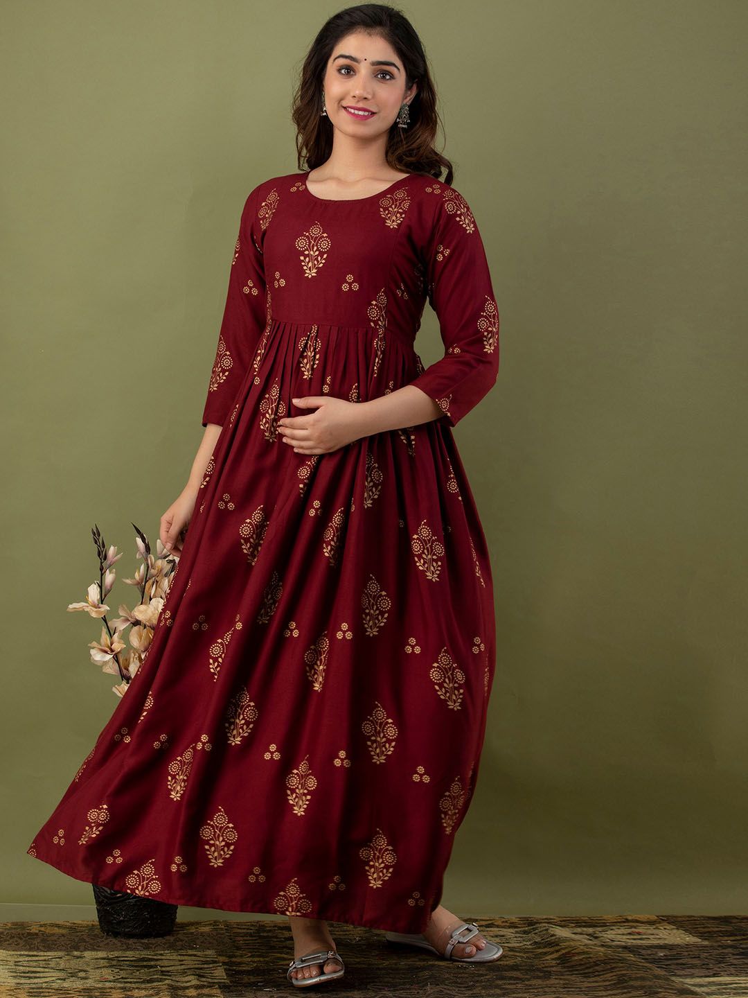 Mialo fashion Ethnic Motifs Printed Maternity Ethnic Maxi Dress Myntra sale