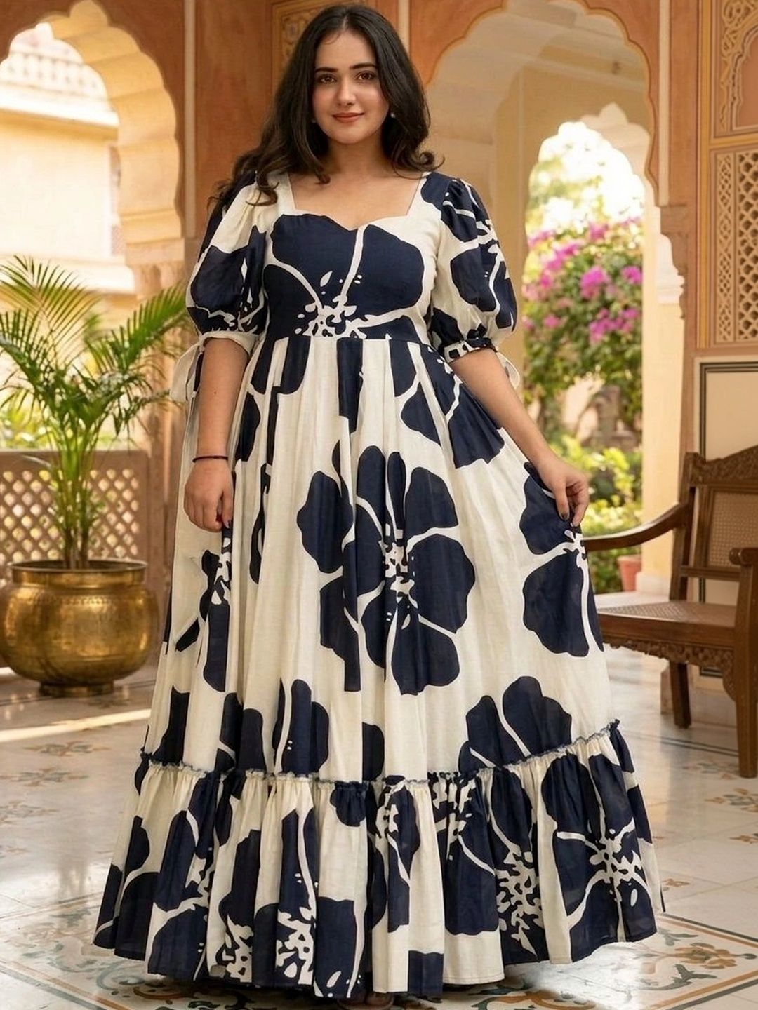 HERE&NOW Printed Pure Cotton Square Neck Gown Ethnic Dresses Myntra sale