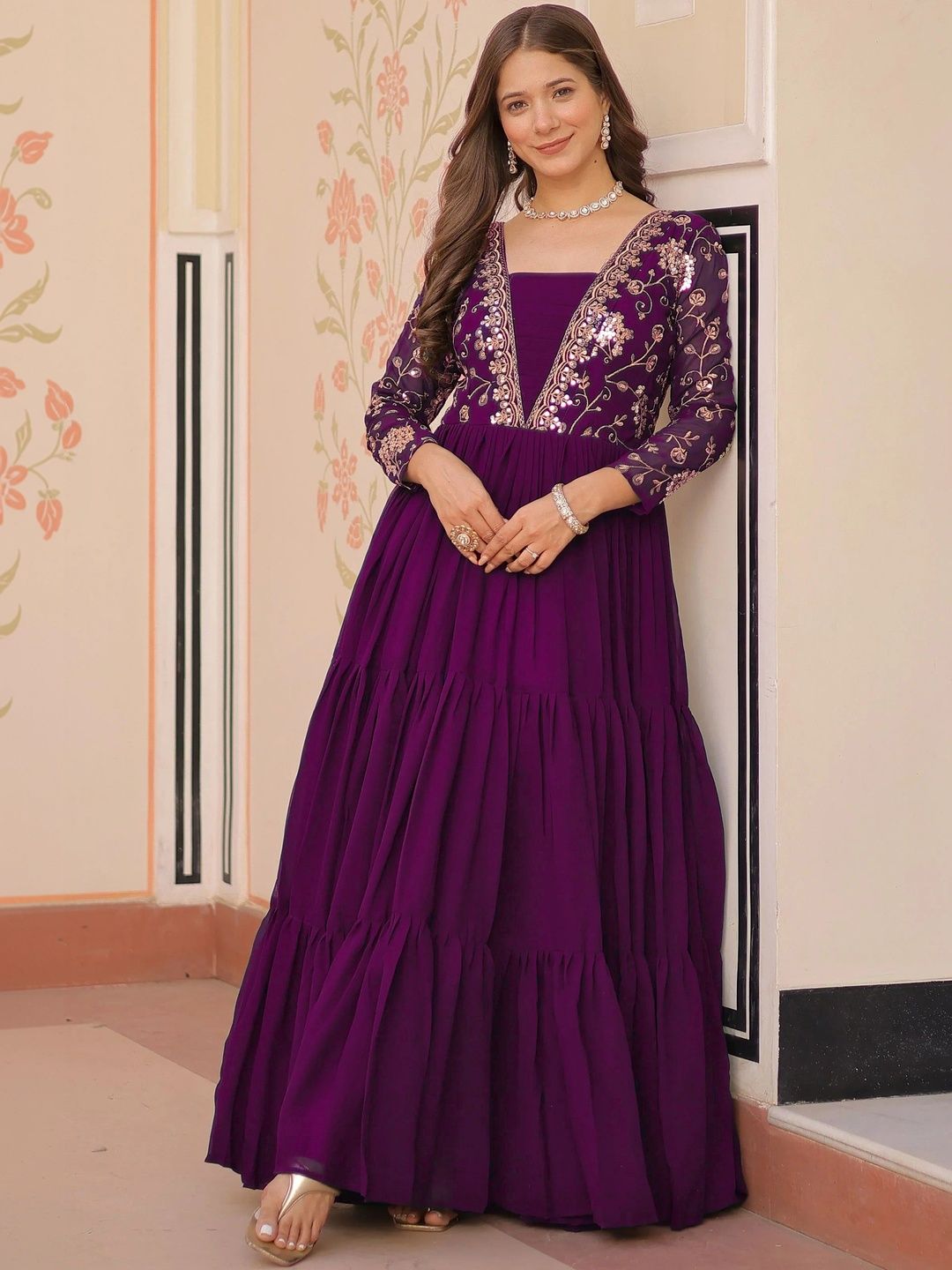 LAZZLY Embroidered V-Neck Maxi Ethnic Dresses Myntra sale